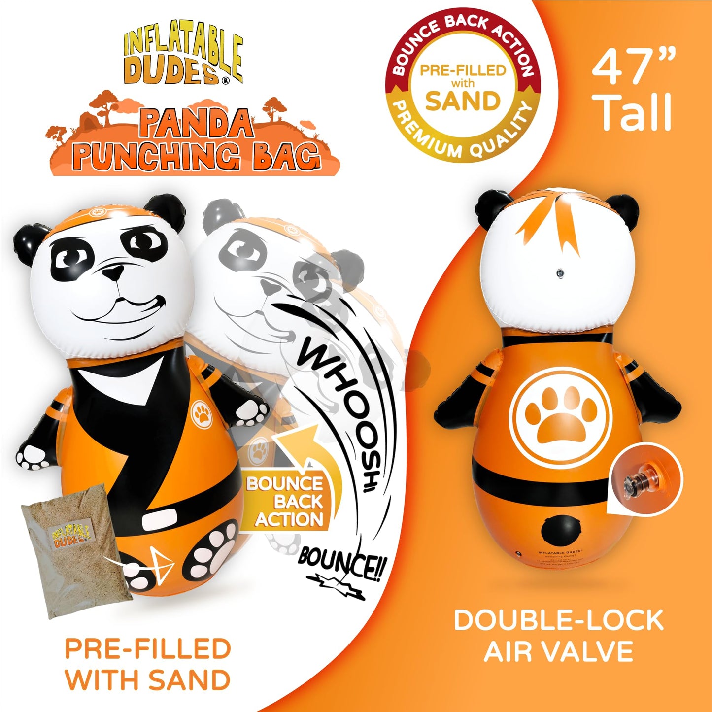 INFLATABLE DUDES Panda 47 Inches -Kids Punching Bag | Already Filled with Sand| Bop Bag | Premium Inflatable Toy | Party Games - Indoor Outdoor- | Bounce-Back Action | Punching Bag for Kids- (Bambam)