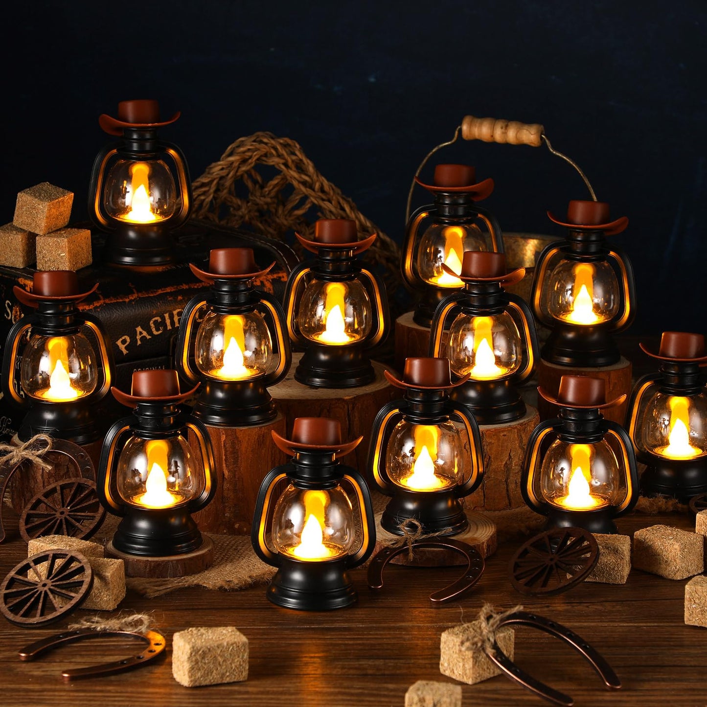 Ferraycle 60 Pcs Cowboy Theme Party Decoration Western Party Decor Rodeo Table Centerpieces Rustic Country Mini Cowboy Hat Lantern Horseshoe Wagon Wheel Hay Bales for Adult Cowgirl (Brown)