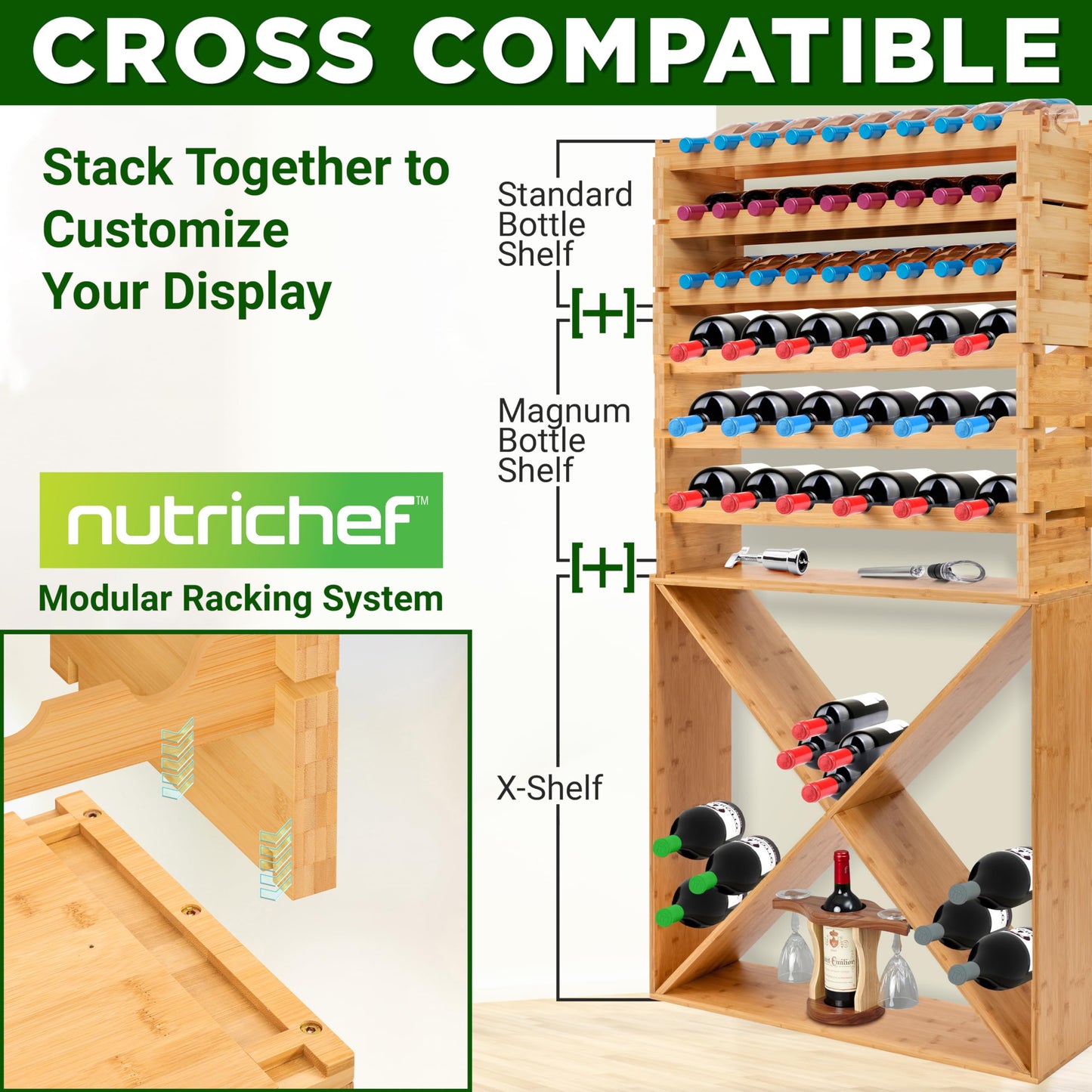 NutriChef 72 Bottle Wine Rack Stackable Bamboo Freestanding, 8-Tier Modular Shelf, Sturdy Wobble Free, Upgraded 2026 Design, Easy No-Tool Assembly for Kitchen, Cellar or Bar Storage 33.5" x 10" x 41"