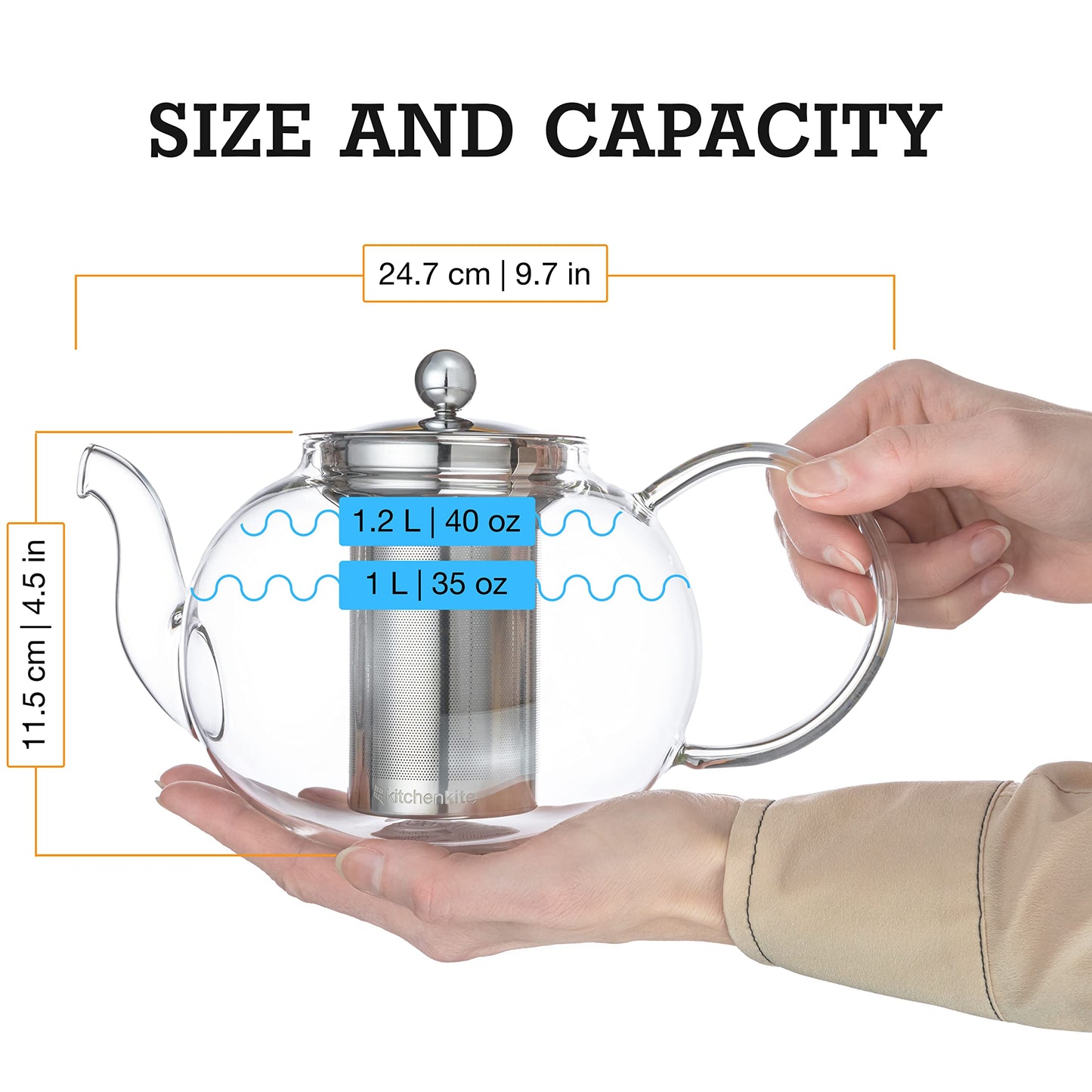 Kitchen Kite Glass Teapot Set with 4 Double Wall Teacups & Removable Stainless Steel Infuser - Microwave Dishwasher Safe Clear Blooming Loose Leaf Teas, Tea Maker Gift