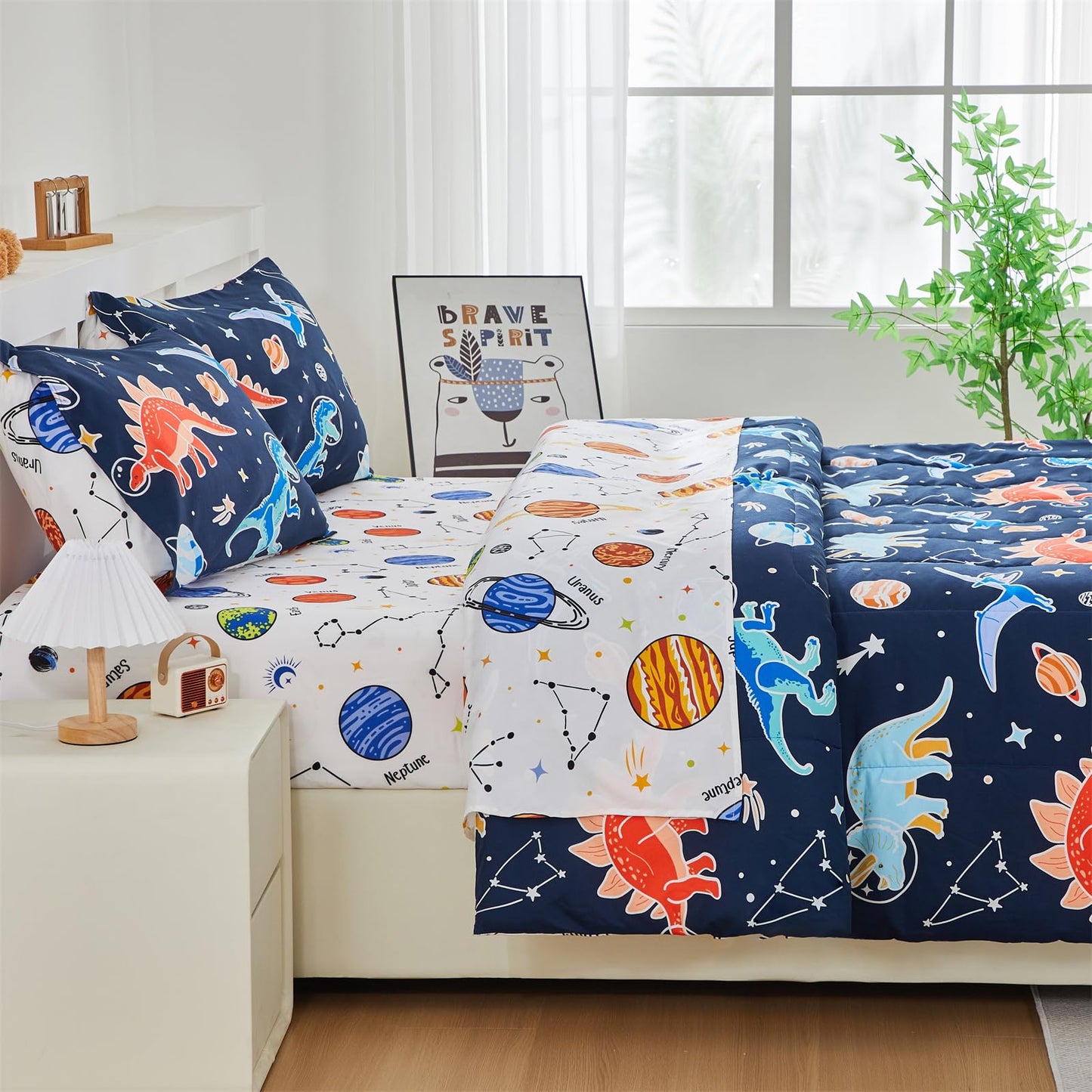 NTBED Dinosaur Kids Comforter Set Twin Size 5 Pieces Bed in A Bag for Boys Girls Glow in The Dark Space Planet Bedding Sets with Sheet