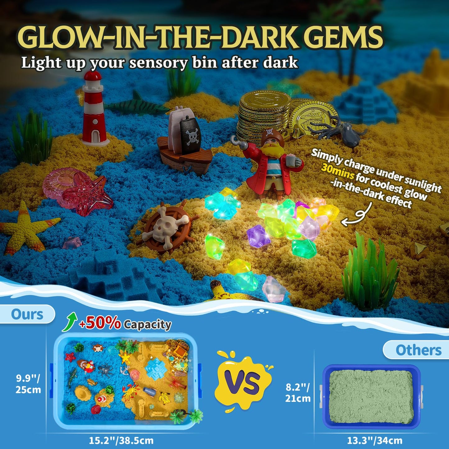 KNASON Pirate Treasure Chest Sensory Bin,Play Sand Kit for Boys with Pirate Accessories,1 KG Sand,Glow in The Dark Gems and Map,Pretend Play Adventure Sensory Toys for Toddlers Kids Ages 3 4 5 6 7 8