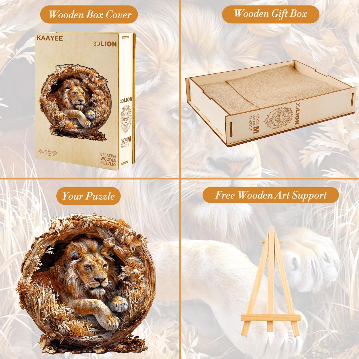 KAAYEE Wooden Puzzles for Adults, 3D Vision Effect Lion King Wooden Jigsaw Puzzles 300 PCS Unique Shape Advanced Wood Puzzle Adult, 3D Effect Flat Puzzle Birthday Gifts Family Game (L-13.4 * 13.4in)