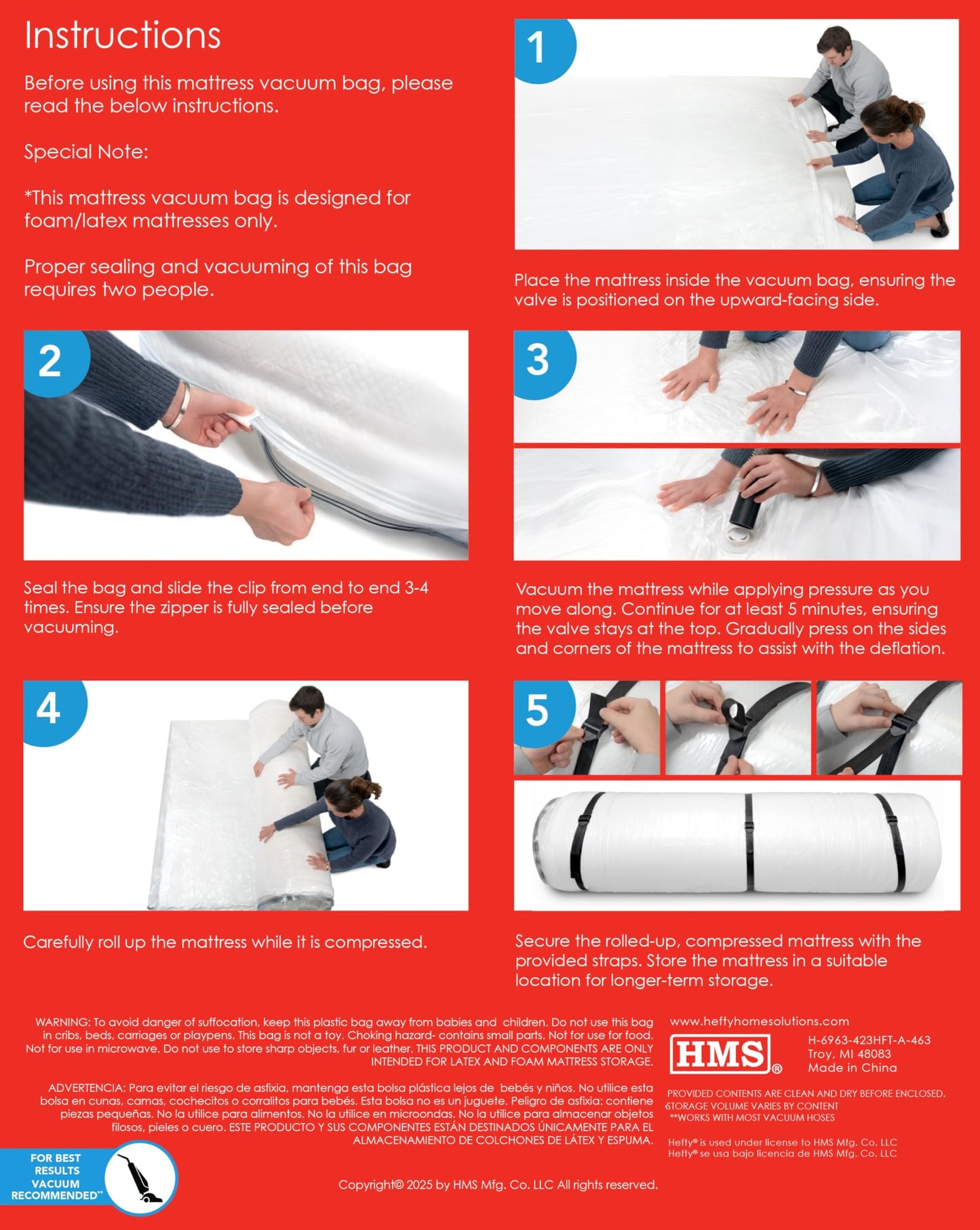 Hefty Shrink-Pak Mattress Bags for Moving - King/California King Size | Heavy Duty & Water Resistant Vacuum Compression Mattress Bag, Storage Protection Mattress Cover for Moving