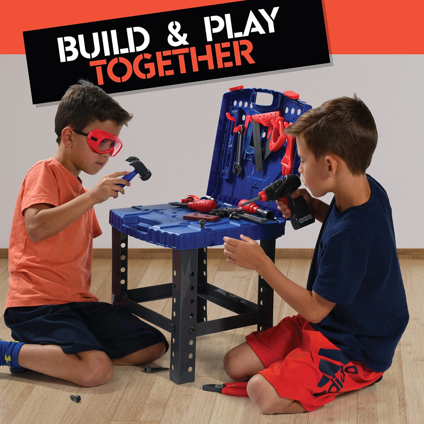 Play22 Kids Tool Workbench 76 Set - Kids Tool Set with Electronic Play Drill - STAM Educational Pretend Play Construction Workshop Tool Bench - Pretend Play Tool Set Build Your Own Kids Tool Box