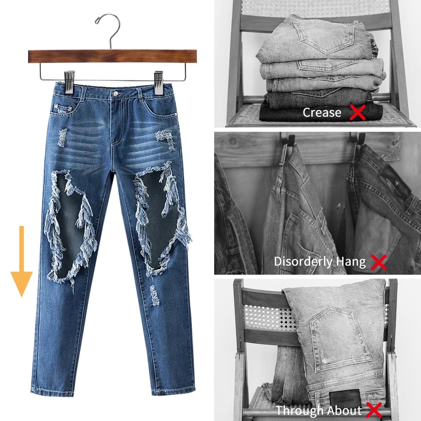 Nature Smile Deluxe Wooden Pants Hangers,Solid Lotus Wood Jeans Skirt Hanger with Clips Anti-Rust Hook Pack of 28（Retro）