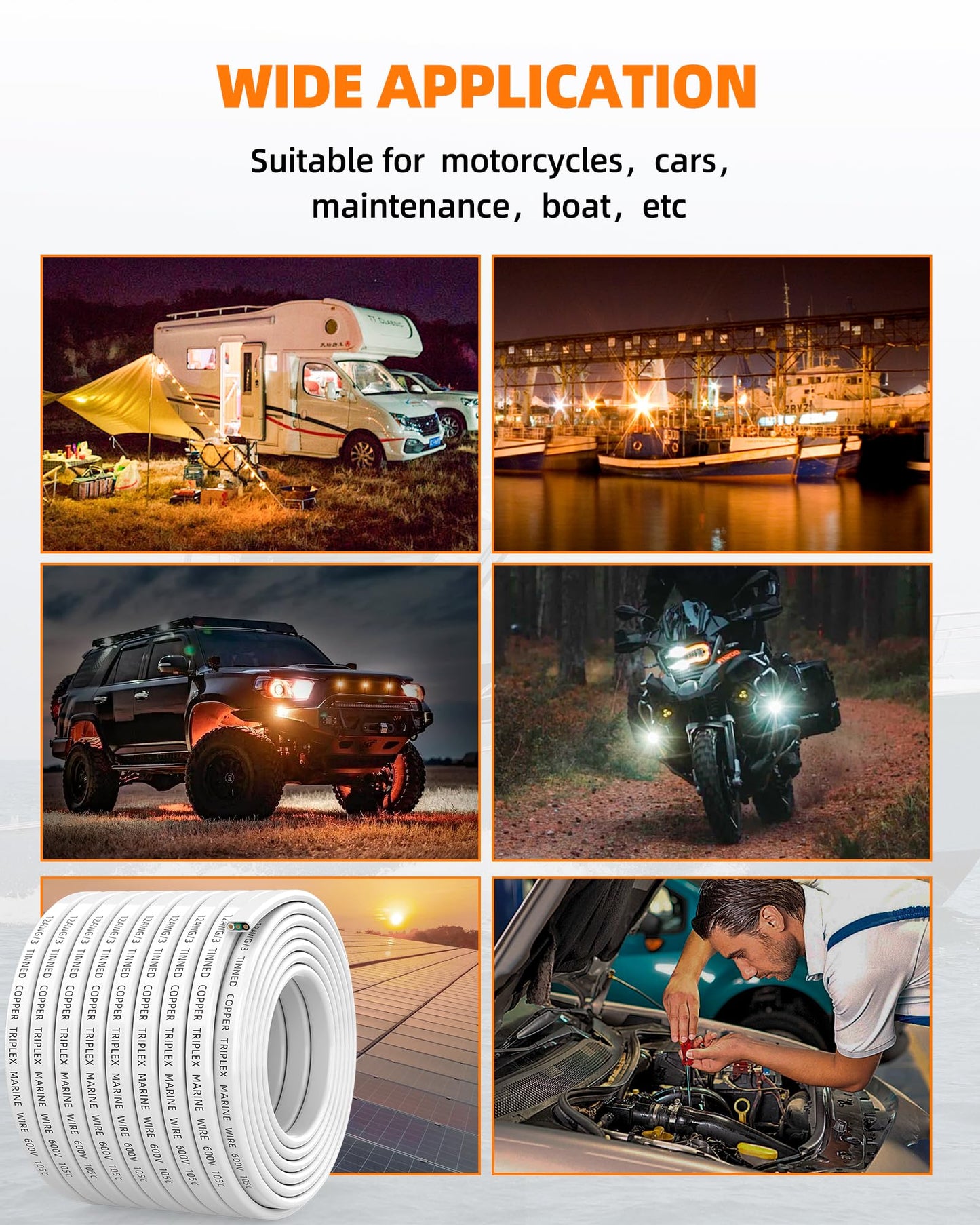 CONEPY 12 Gauge Marine Wire, 12/3 Triplex Marine Grade Cable, IP68 Waterproof/Oxygen-Free Tinned Copper Stranded PVC 12 AWG Wire for Boat, Automotive, RV, Solar, LED Strips (50FT/15M)