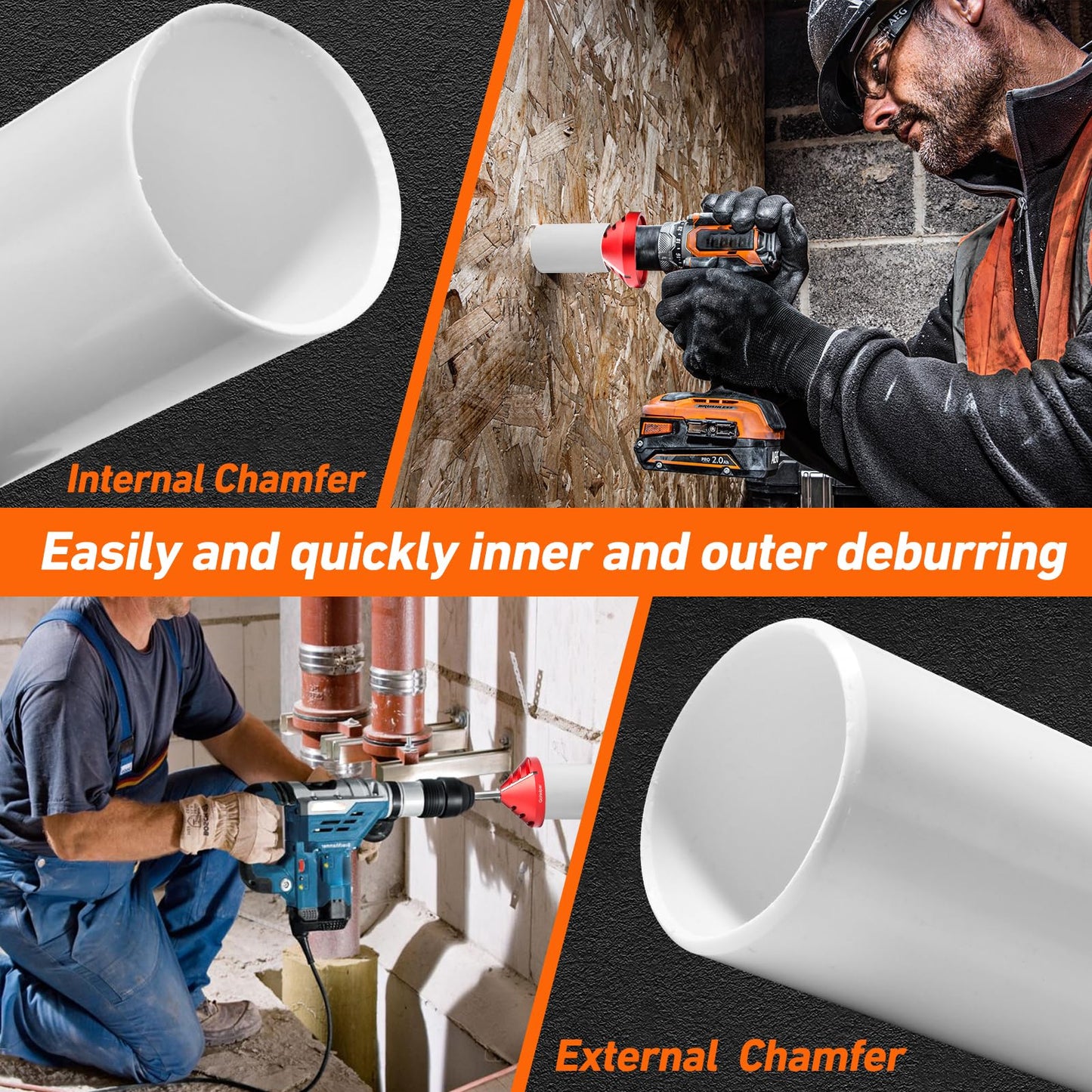 2 in 1 Inner-Outer PVC Deburring Tool, PVC Chamfer Tool, Pipe Deburring Reamer Plumbing Tool for OD 0.92" to 3.89", ID 0.75" to 3.5" PVC, CPVC, ABS, PP, PE Pipe