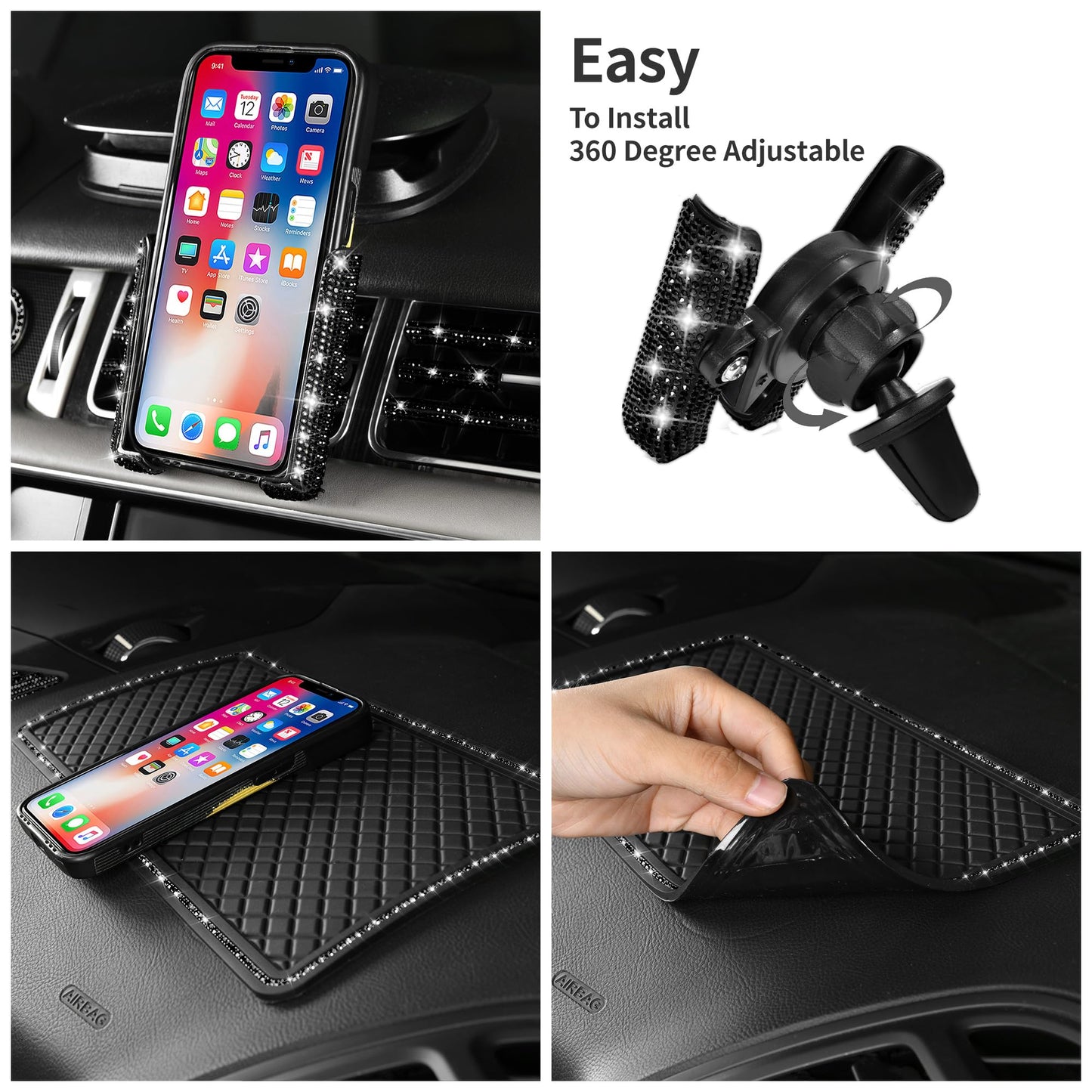 CAR PASS 30 PCS Bling Diamond Car Accessories Set for Women, Bling Steering Wheel Covers 15 Inch, Shining Rhinestone License Plate Frame, Sparkly Phone Holder, Cute Interior Set Decorations, Black