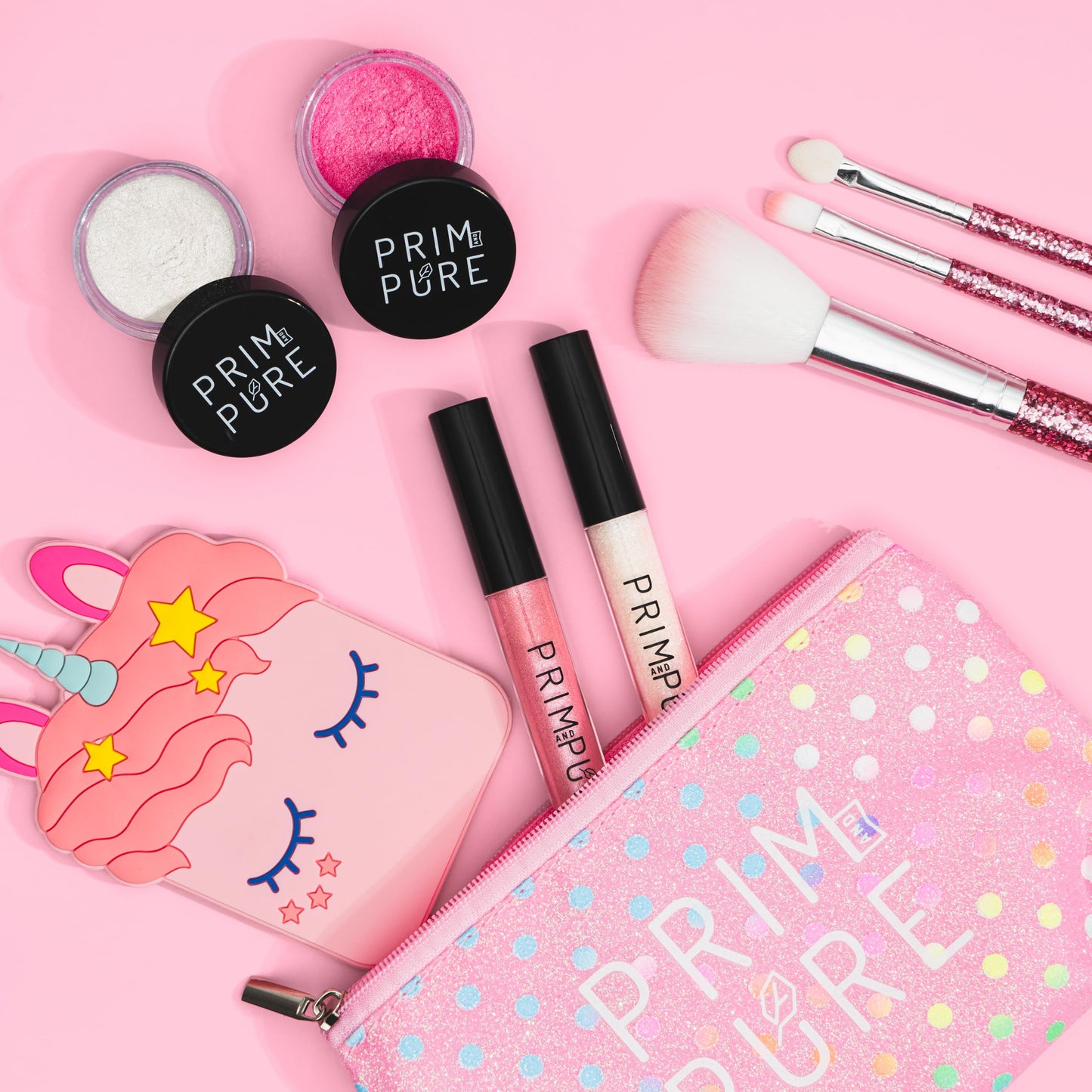 Prim and Pure Mineral Gift Set with Unicorn Mirror| Perfect for Play Dates & Birthday Parties | Kids Eyeshadow Makeup – Mineral | Organic & Natural Makeup Kit for Kids| Made in USA (Pink)