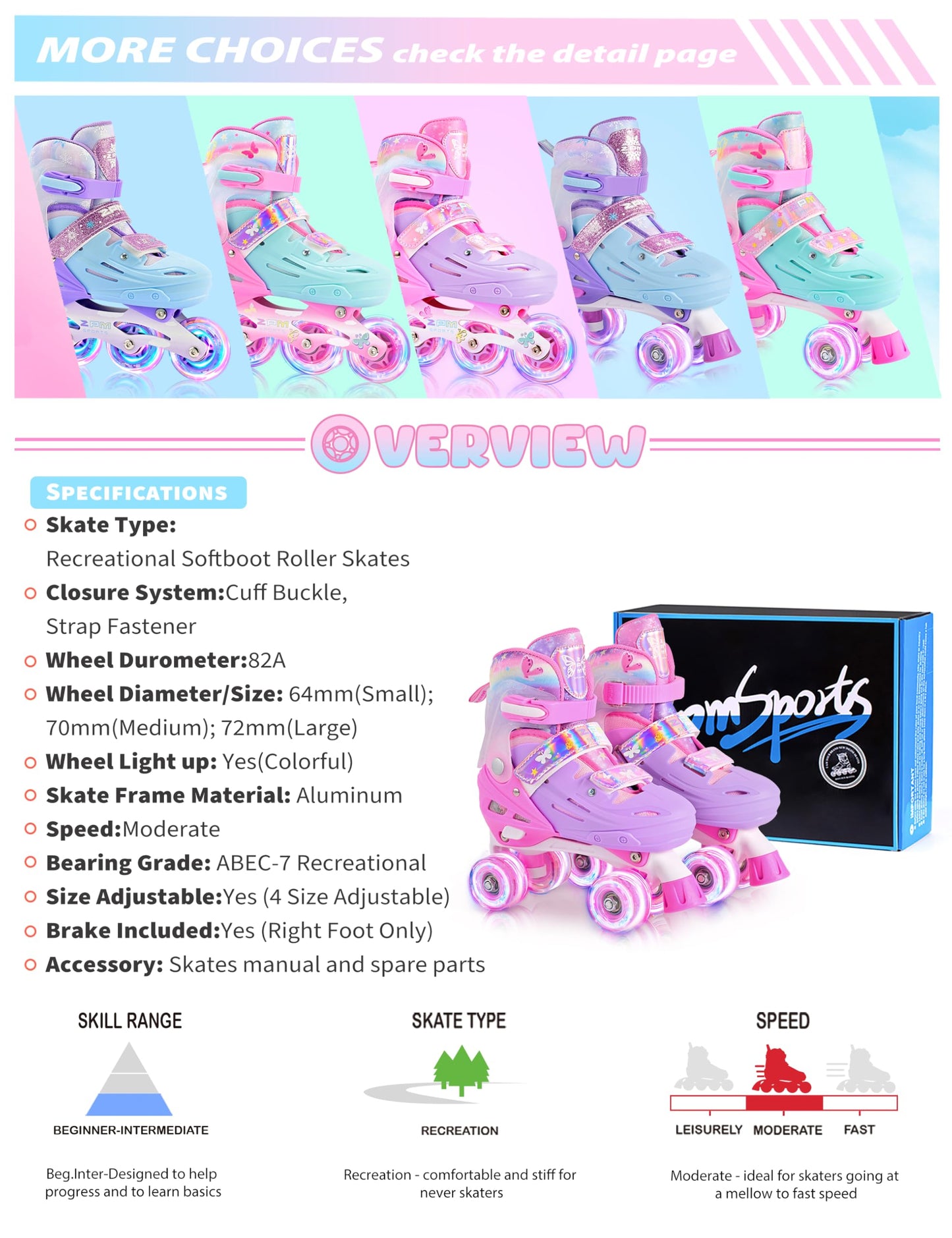 2PM SPORTS Roller Skates Girls Ages 5-8 8-12 3-5 4-7 6-12 with Light Up Wheels, Outdoor Indoor Girls Rollerskates for Kids Beginner Size 10C 11C 12C 13C 1 2 3 4 5 6 Pink Butterfly