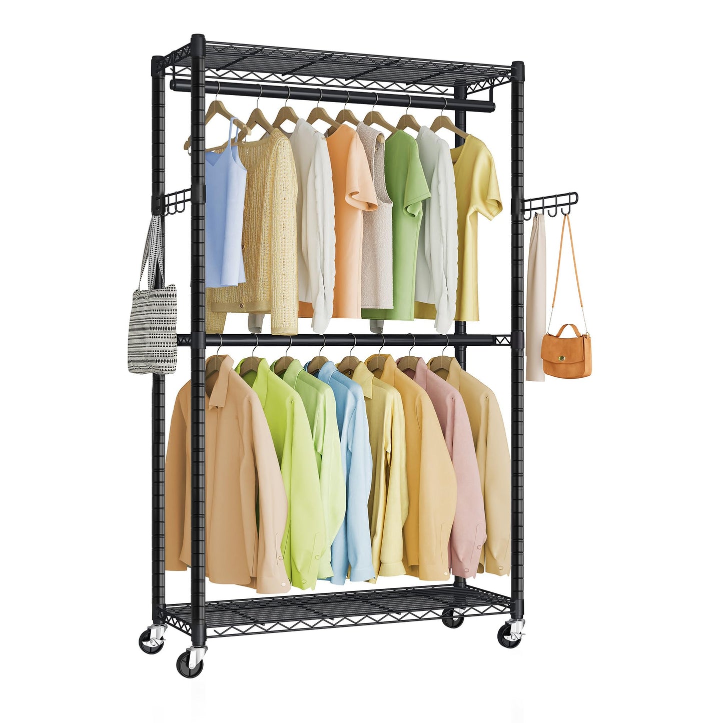 SONGMICS Heavy-Duty Rolling Clothes Rack, Garment Rack, Portable Closet on Wheels, with Adjustable Mesh Shelves and Hanging Rails, Hooks, 15.8 x 35.4 x 78.3 Inches, Ink Black ULGR416BH01
