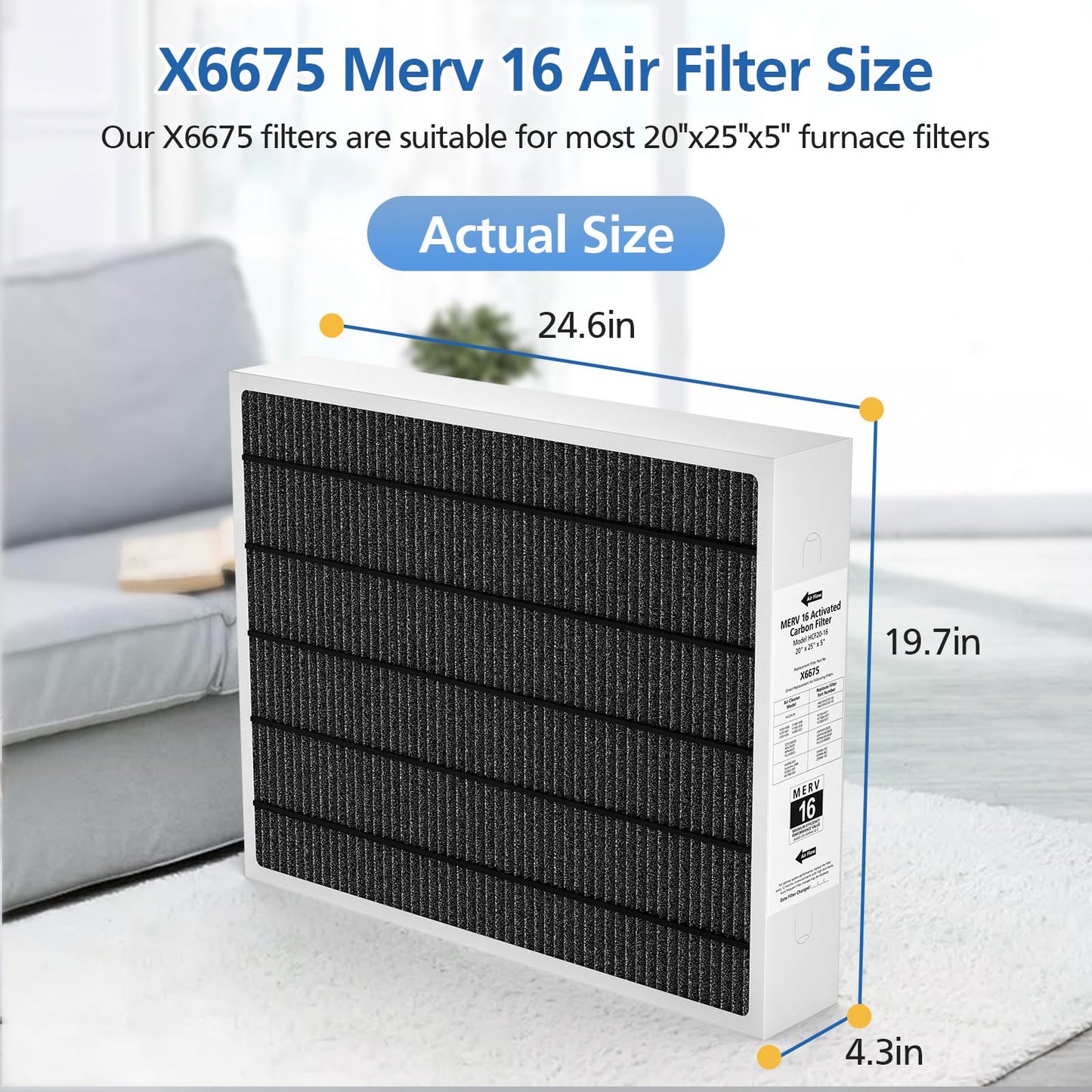 2 Pack 6675 20x25x5 MERV 16 Air Filter Compatible with Lennox X6675 and Lennox HCC20-28 Healthy Climate Carbon Clean MERV 16 Furnace Filter for HVAC System, Part Number HCF20-16, HCF20-10