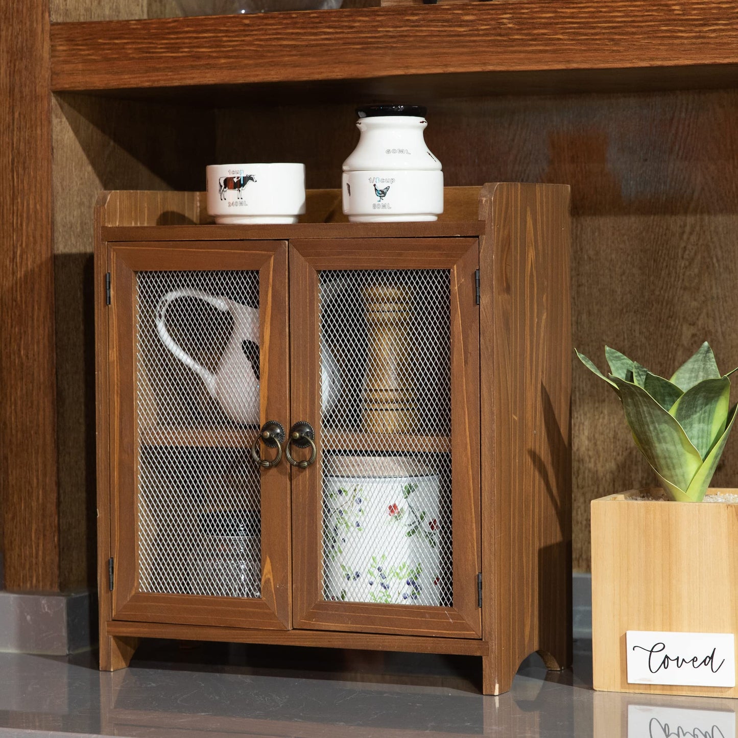 COLLECTIVE HOME - 2 Tiered Storage Cabinet, Countertop Cabinet, Wood Organizer for Kitchen Living Room Bedroom Bathroom Office with Magnetic Door, 15.75 x 14.5 x 6.5, Brown, 01