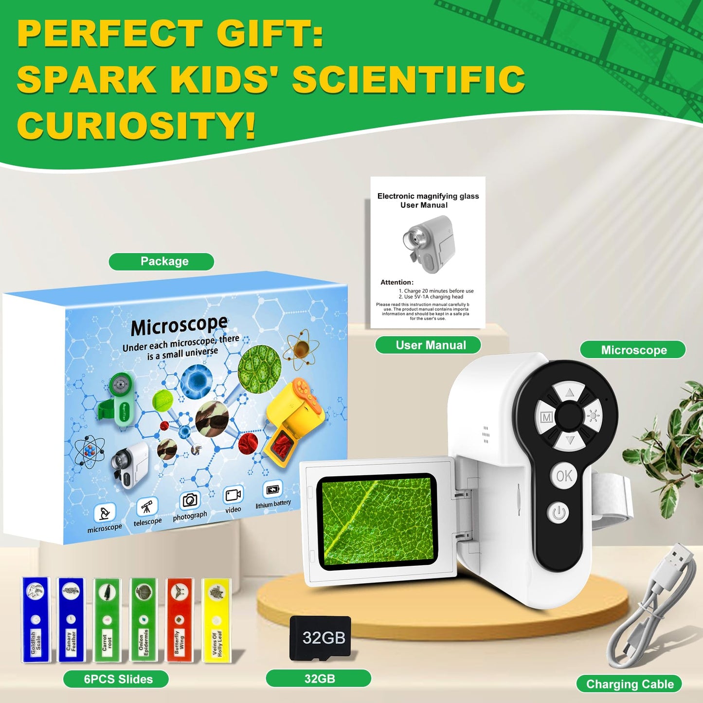 Laradola Microscope for Kids: Mini Pocket Digital Microscope 1000X Zoom Science Kits Learning & Educational STEM Toys for Age 3 4 5 6 7 8 10-12 Boys Girls Christmas Birthday Gifts