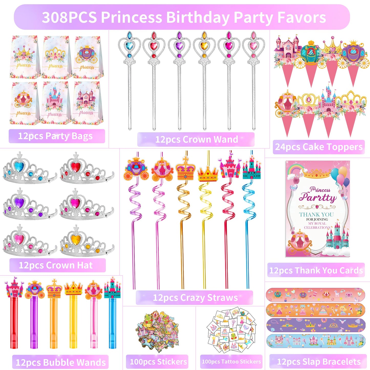 308PCS Princess Birthday Party Decorations Favors, Including Goodie Bags, Crown, Magic Wand, Straws, Bubble Wands, Stickers, Cake Toppers, Tattoo & More-Perfect for Party Decorations & Pinata Fillers