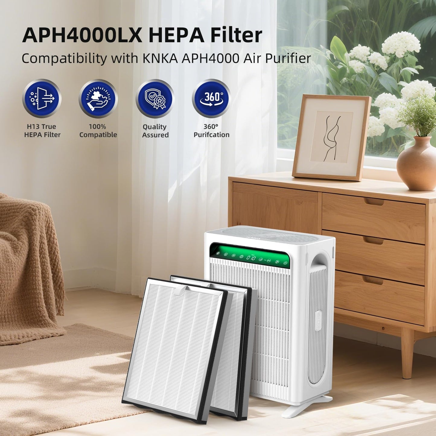 CFKREYA 4 Pack APH4000 Air Purifier Replacement Filter Compatible with KNKA APH4000, H13 HEPA and Activated Carbon Filter, Part # APH4000LX