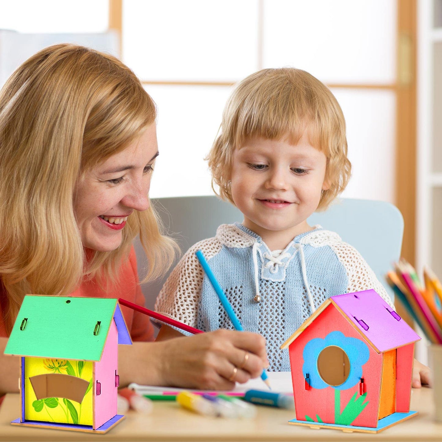 Juexica 30 Pcs Wooden Birdhouses, Unfinished Wood Bird Houses Arts and Crafts Kits Wooden Bird Houses for Children to Build and Paint DIY Craft
