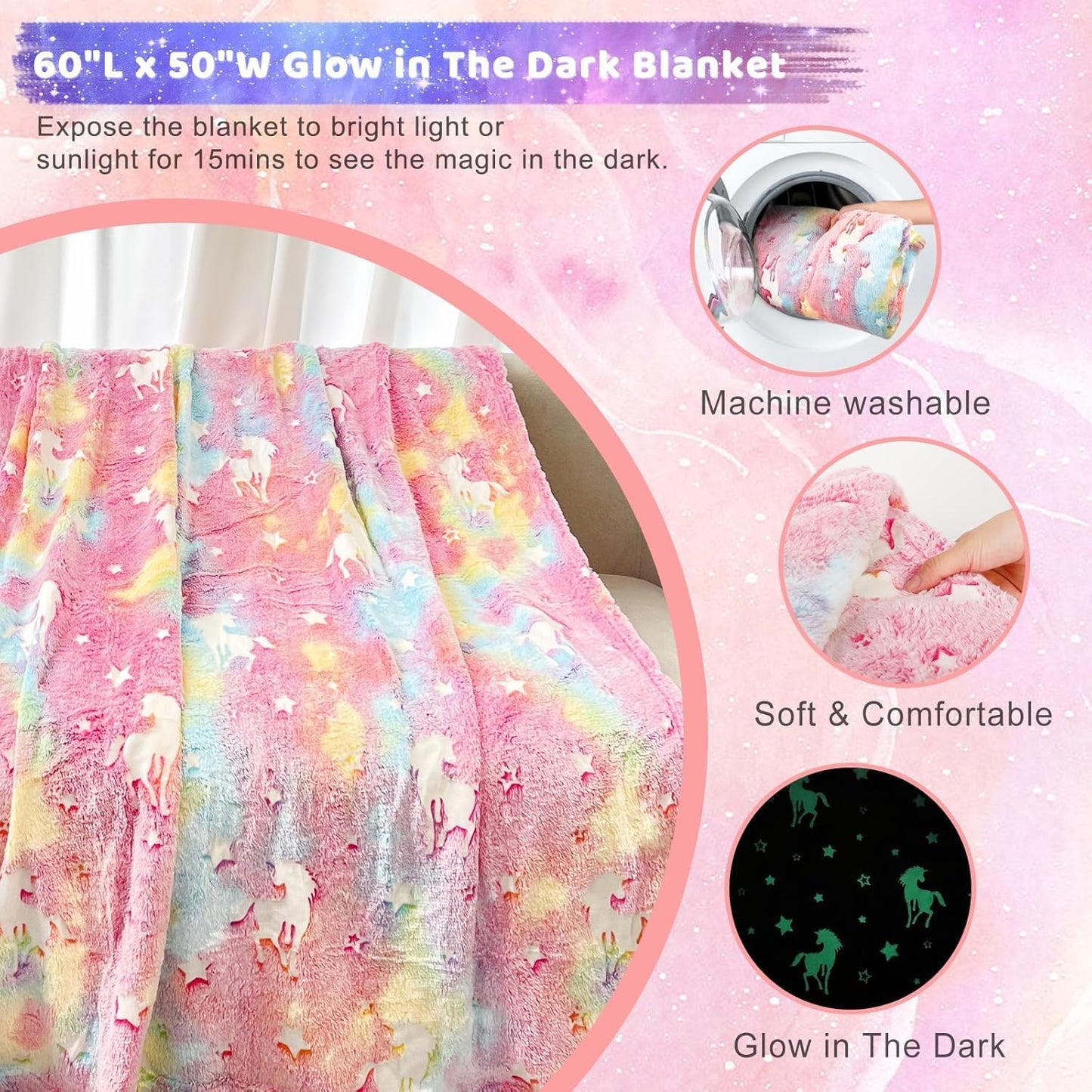 Runeaoys Easter Basket Essentials Stuffers for Girls Unicorn Toys Valentine Birthday Gifts with Prefilled Easter Eggs Stickers Glow in The Dark Blanket Bracelet Diamond Art Water Bottle Card Eye Mask