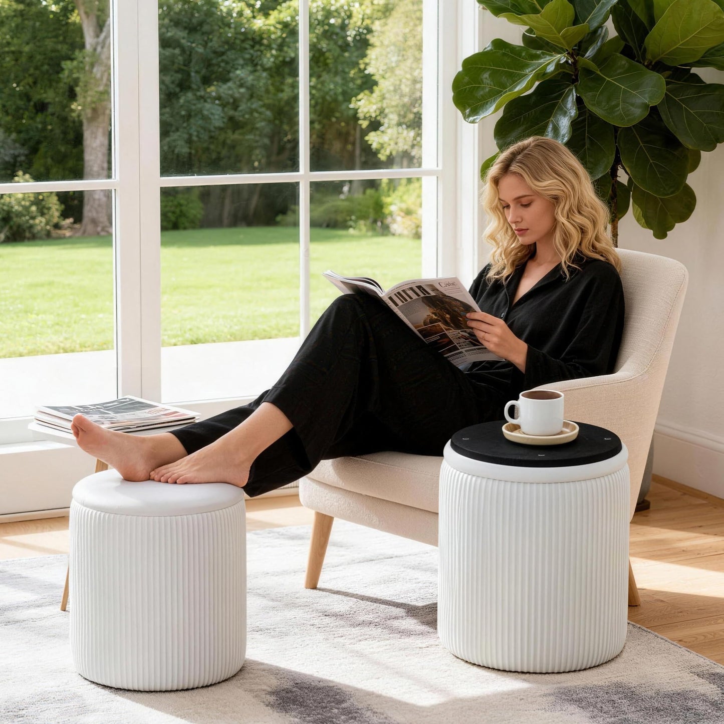 Canpsky White Vanity Stool Set of 2 - Round Storage Ottoman with Lid, Velvet Footrest Pouf for Makeup Room & Living Room, Multi-Use Small Chair with Hidden Storage（White）