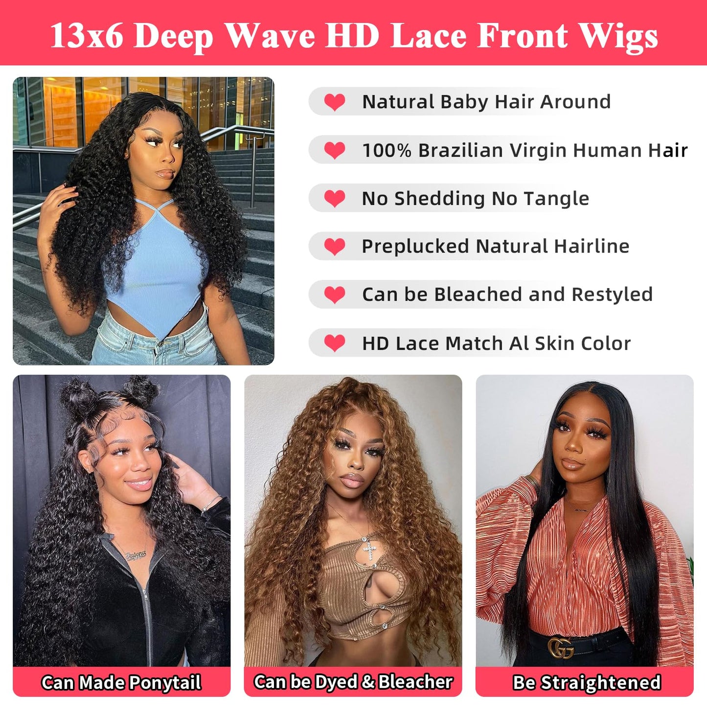 13x6 Deep Wave Lace Front Wigs Human Hair Wigs for Women Deep Curly Lace Front Wig Human Hair HD Lace Frontal Wigs Human Hair Pre Plucked with Baby Hair (30 Inch)