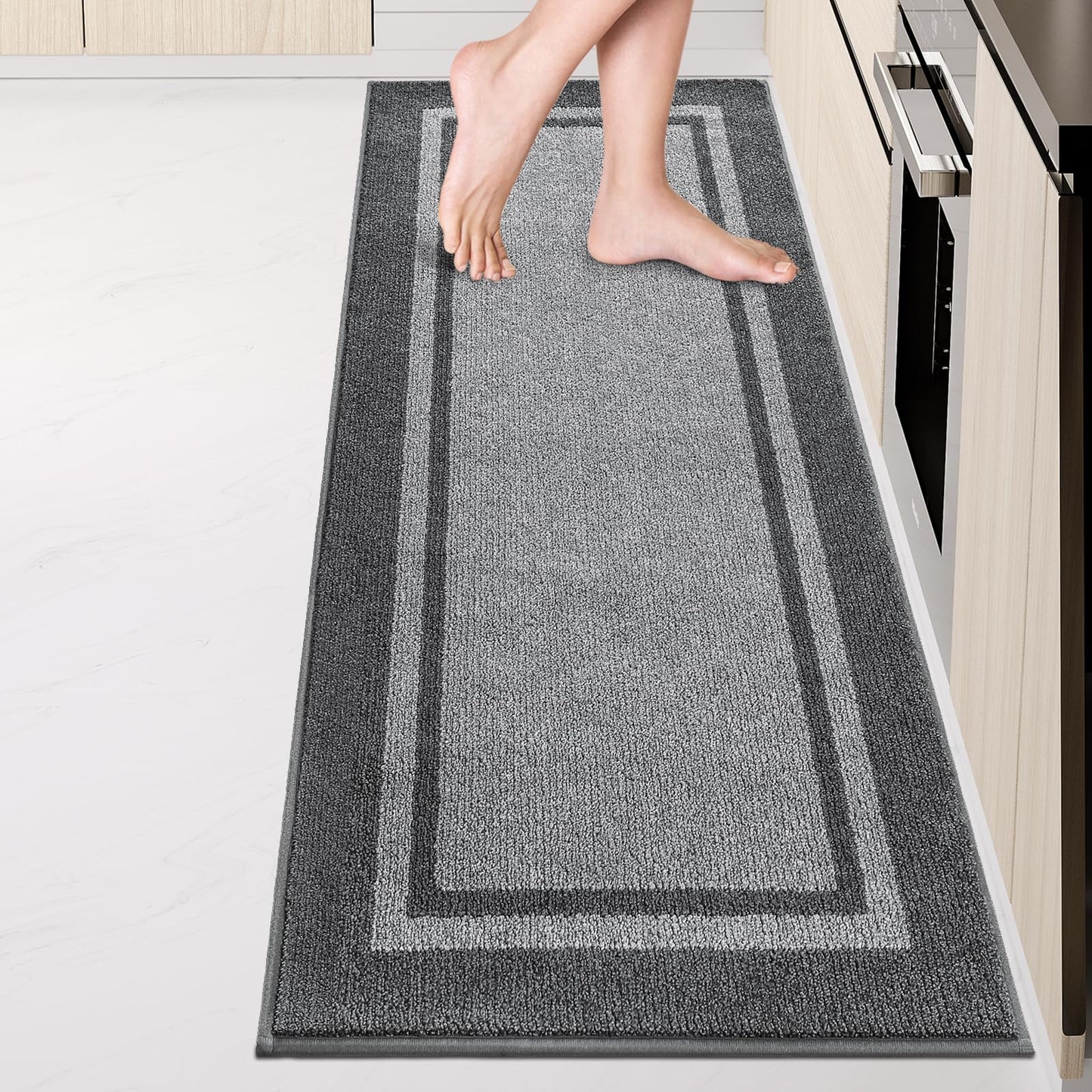 Kitchen Rugs 24" x 84", Non-Slip Machine Washable Kitchen Runner Rugs Floor Mats, Absorbent Comfort Standing Mats for Kitchen, Sink, Laundry and Hallway, Rolled Packaging, Light Grey & Dark Grey