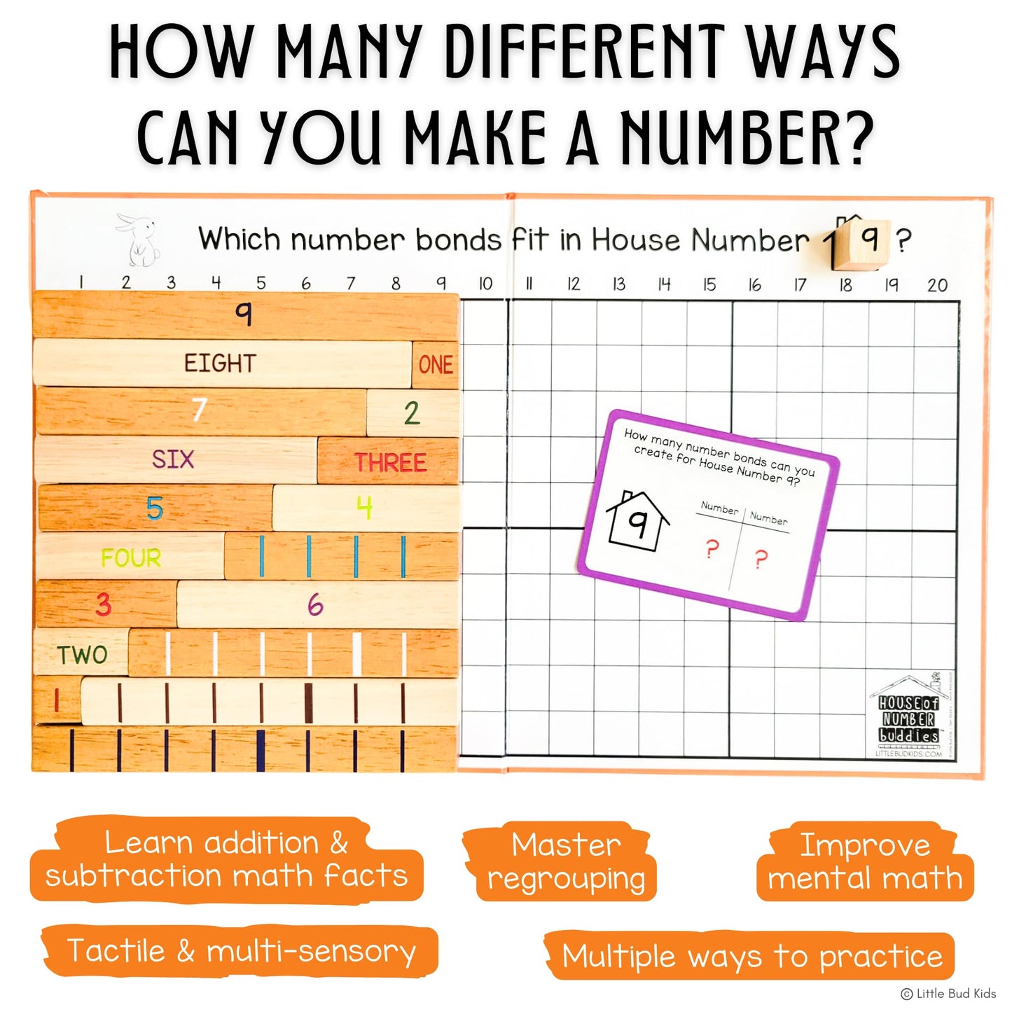 LITTLE BUD KIDS House of Number Buddies Math Game, a Number Bonds Math Toy with Number Rods and Addition & Subtraction Flash Cards, a Montessori Material for Kids 4-8 Years Old