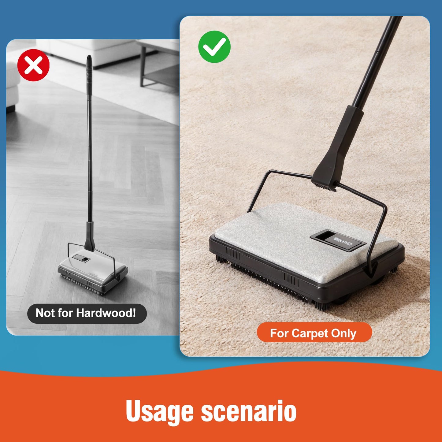 CLEANHOME Carpet Sweeper Manual Cordless - Non-Electric Push Sweeper for Pet Hair & Debris on Carpets & Rugs, Includes Cleaning Tool & Extra Replacement Roller