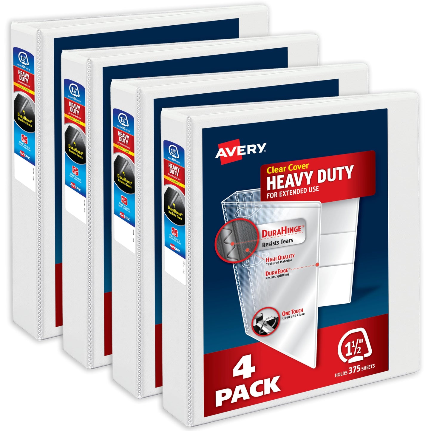 Avery Heavy-Duty View 3 Ring Binders, 1.5 Inch One Touch Slant Rings, DuraHinge, 2.1 Inch Wide Spine, Customizable Clear Cover and Spine, White Binders (4-Pack of 79781)