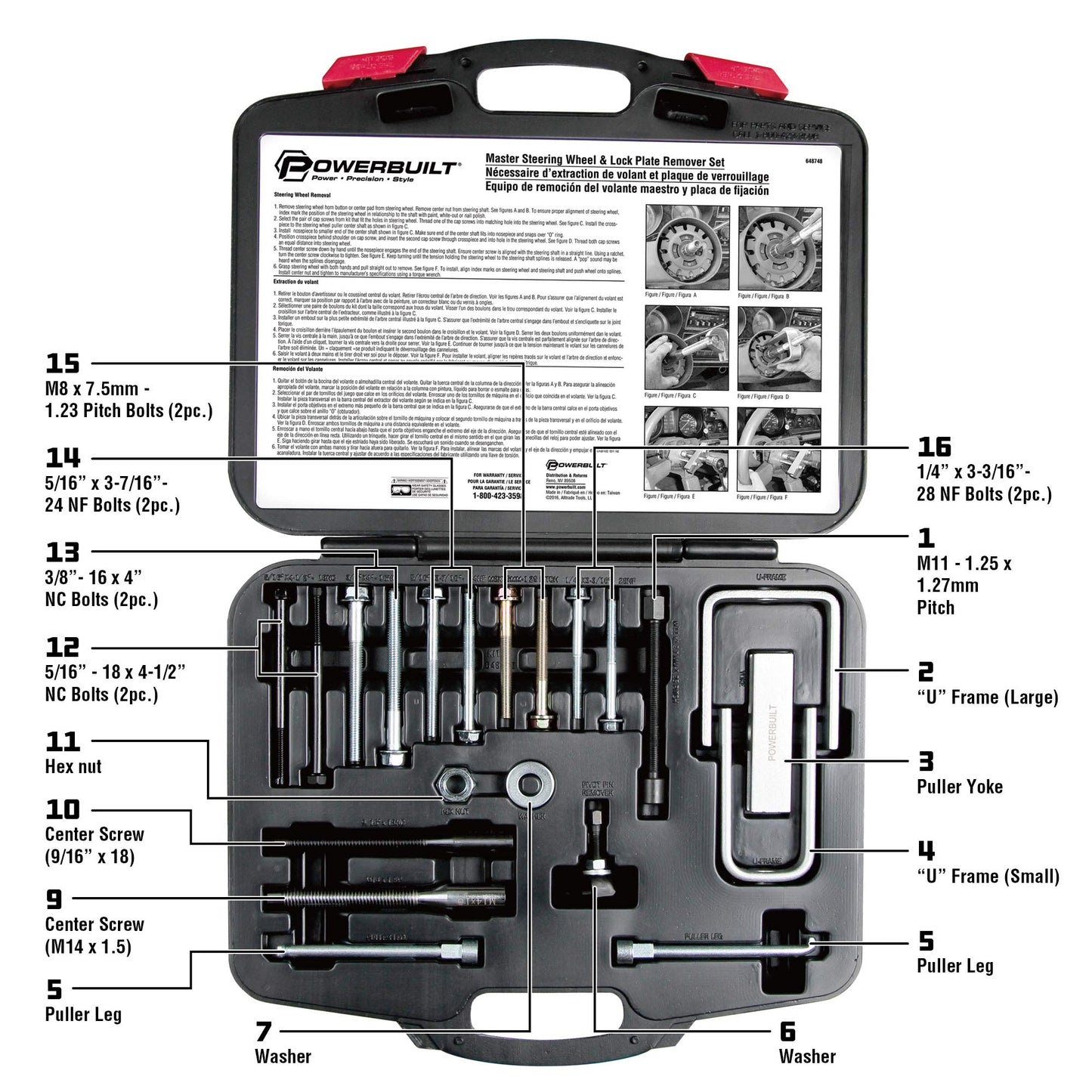 Powerbuilt Master Steering Wheel and Lock Plate Puller Kit, Foreign and Domestic Vehicles, 16 Piece Car Repair Tool Set - 648748