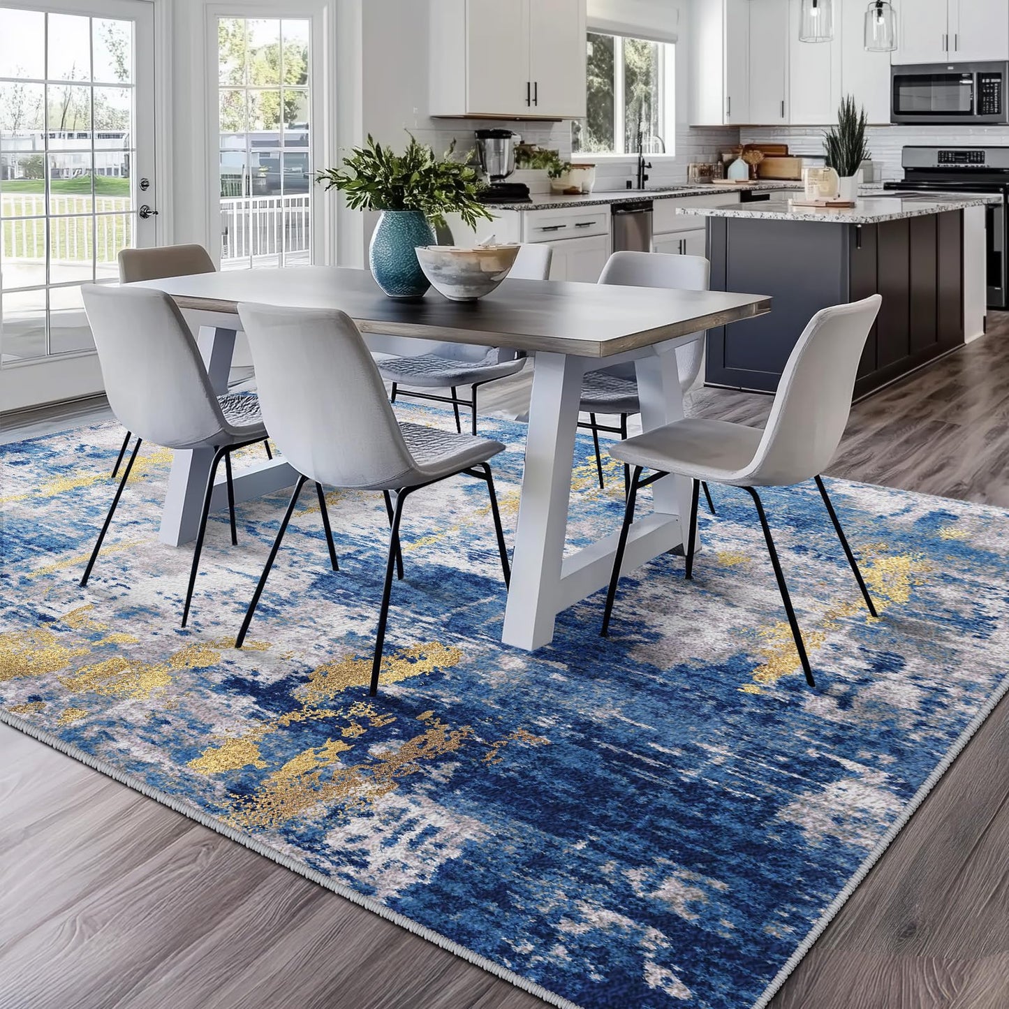 RELEANY Washable Area Rugs 5'x7' Non-Slip Modern Abstract Soft for Living Room Entryway Bedroom Nursery, Print Pattern, Grey Blue Gold/Golden