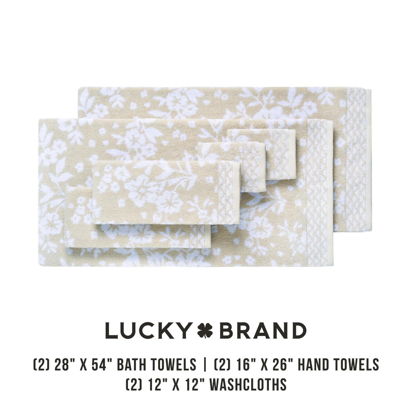 Lucky Brand Folk Floral 6 Piece Bath Towel Set - (2) Bath Towels, (2) Hand Towels, and (2) Washcloths - Beige Taupe Premium Bathroom Towel Set