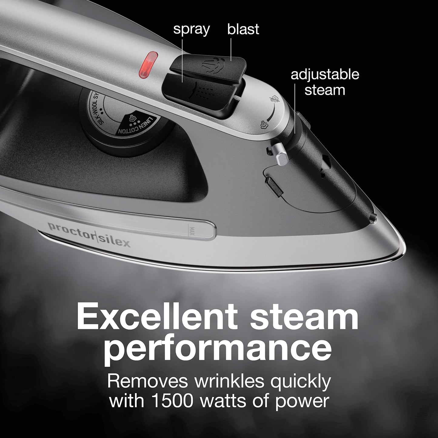 Proctor Silex Steam Iron for Clothes with Durable Stainless Steel Soleplate, 1500 Watts, 8’ Retractable Cord, 3-Way Auto Shutoff, Anti-Drip, Gray and Black (14250)