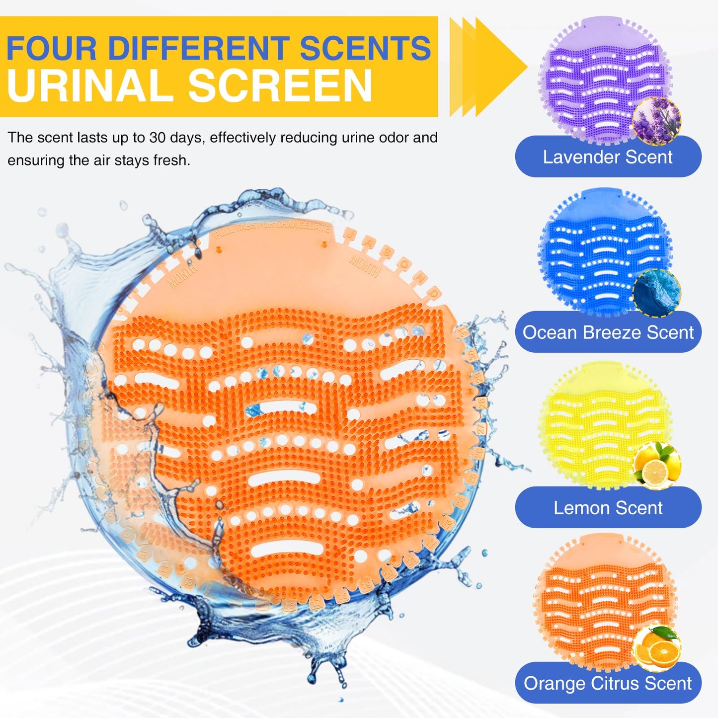 48 PACK Urinal Screen Deodorizer with 100 Gloves-3D Wave Anti-Splash Odor Protection Urinal Cakes for Men Toilets，Four Scents Urinal Mats