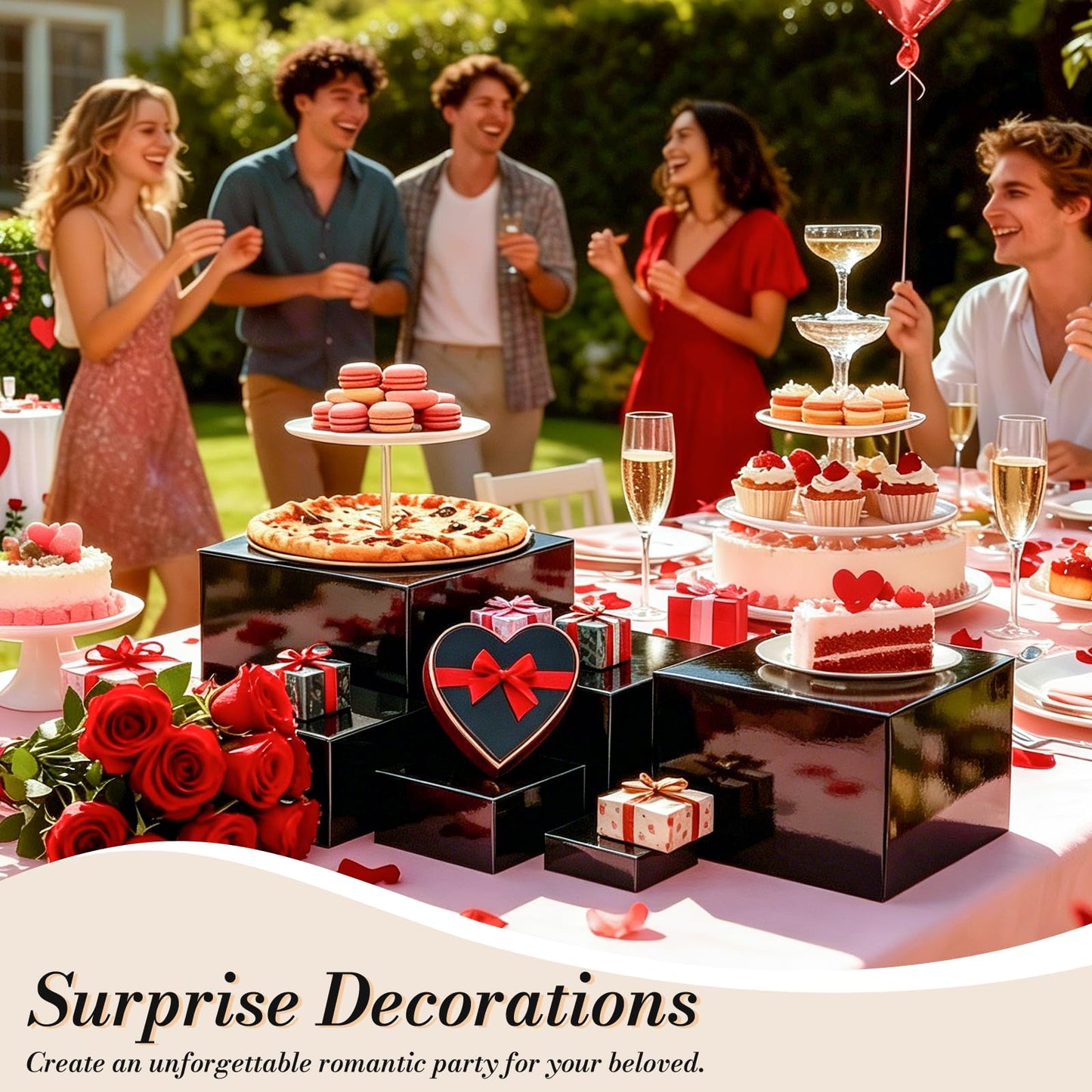 6 Pcs Buffet Risers with Mini Sign and Maker, Black Food Risers Display Stand for Buffet Table Party Catering Dessert Jewelry Collectibles, Nesting Cube Boxes with Hollow Bottoms (8",7",6",5",4",3")