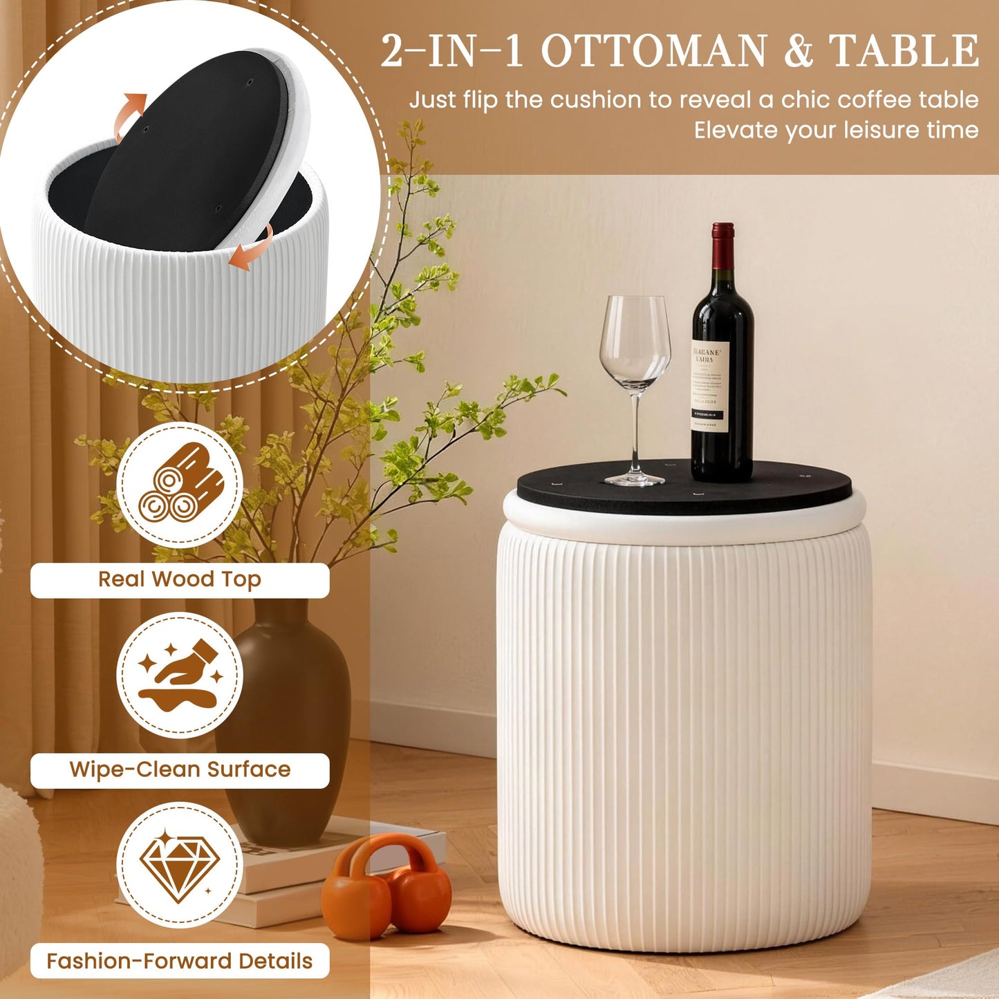 Canpsky White Vanity Stool Set of 2 - Round Storage Ottoman with Lid, Velvet Footrest Pouf for Makeup Room & Living Room, Multi-Use Small Chair with Hidden Storage（White）