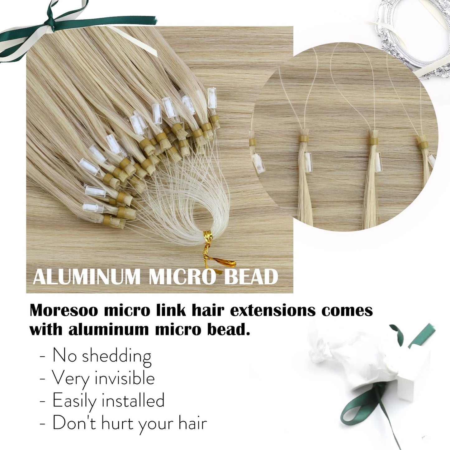 Moresoo Micro Loop Hair Extensions Real Human Hair Blonde Microbead Hair Extensions Ash Blonde with Bleach Blonde Hair Extensions Micro Loop Human Hair Extensions Highlighted 50G/50S 20 Inch #P18/613