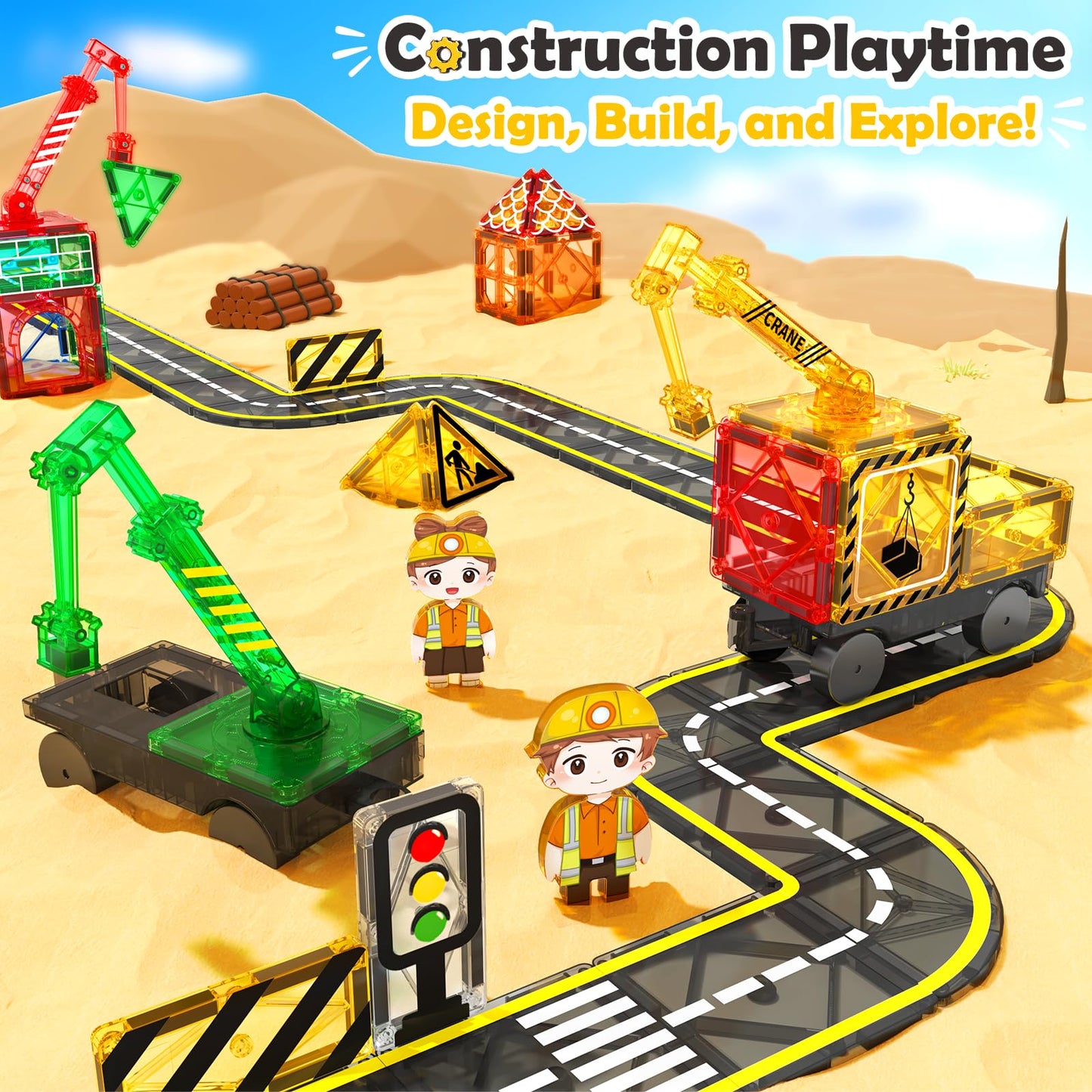 100 PCS Magnetic Tiles Road Set with 3 Cranes & 2 Cars - Magnetic Blocks City Construction Building Toys for 3+ Year Old Boys Girls Ideal Preschool Learning Outdoor Toys Creative Toddler Kids Toys