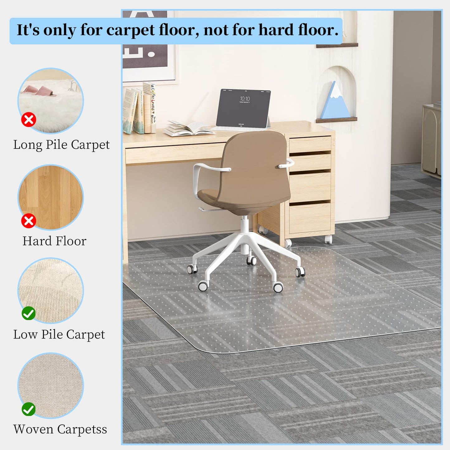 Tonaus Office Chair Mat for Carpet, 48"×36" Carpet Chair Mat for Low Pile Carpets, 2.2mm Transparent