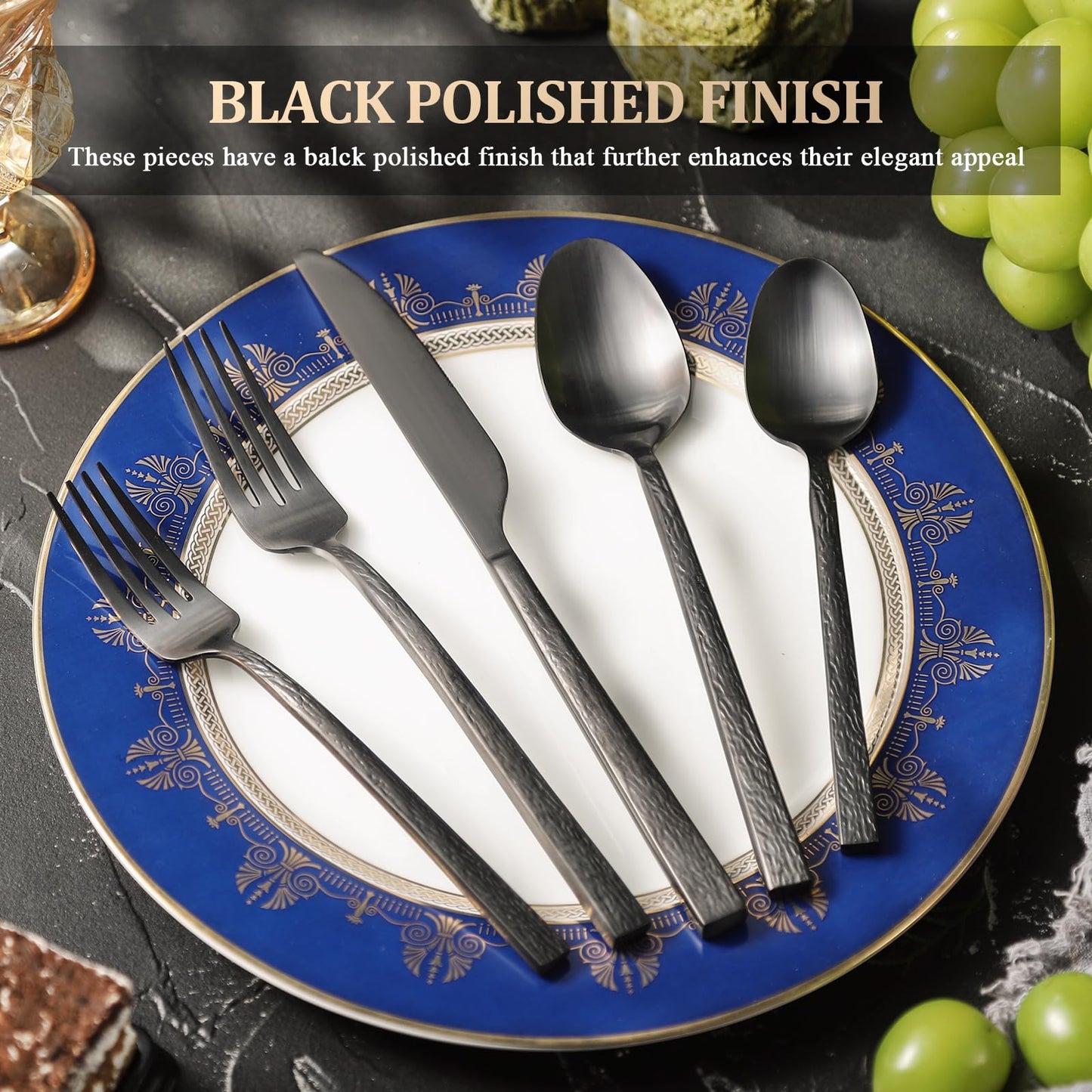 40-Piece Black Hammered Silverware Set for 8，Forged 18/10 Stainless Steel Flatware Set，Premium Food-Grade Cultery Set with Unique Ripple Design Handles ，Heavy Duty Tableware Set，Service for 8