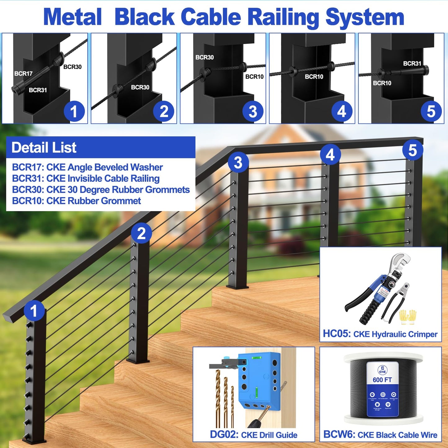 CKE 50 Pack Black Invisible Cable Railing Kit, T316 Stainless Steel Swage Tensioner Terminal for 1/8" Cable Railing System, Invisible Receiver and Stud End Hardware for 2x2 Wood & Metal Post BCR31