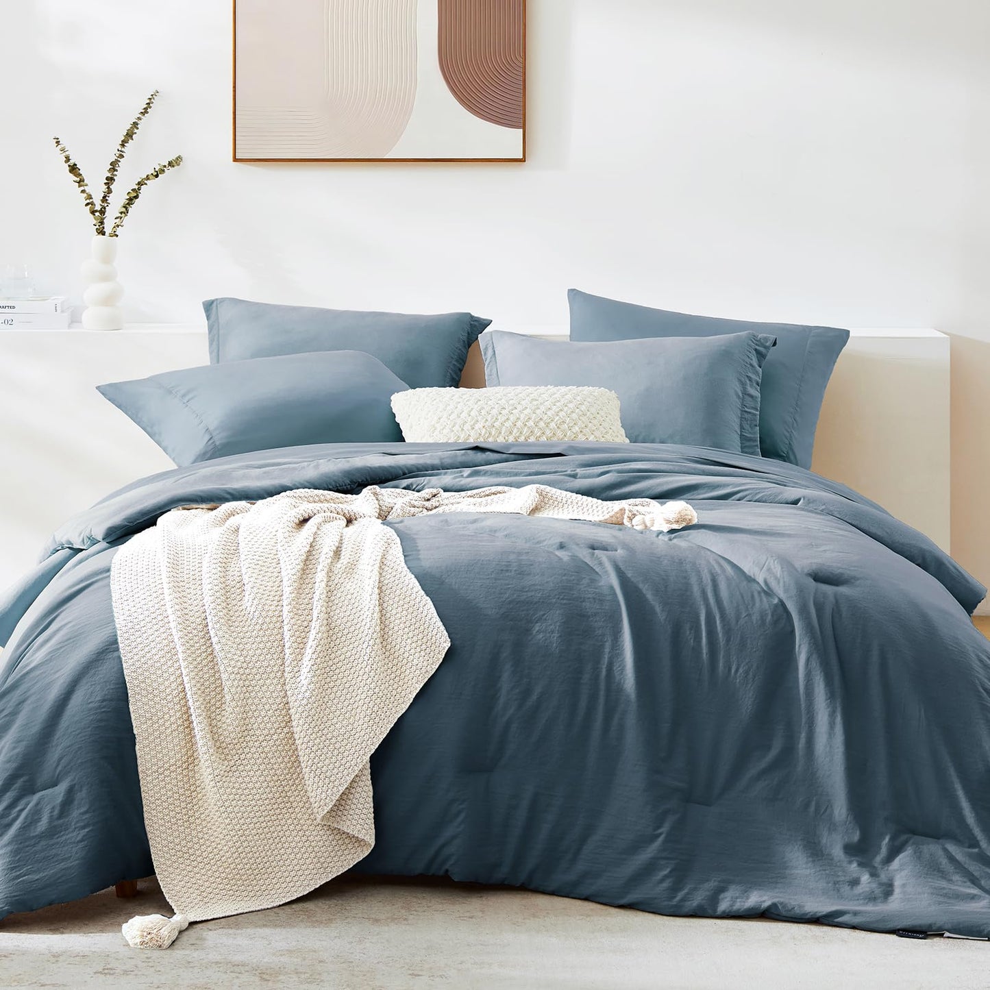 WRENSONGE Queen Comforter Set- 7 Pieces Soft Oxford Blue Bed in a Bag with Fitted Sheet, Flat Sheet, 2 Pillow Shams, and 2 Pillowcases- Warm Bedding Sets Queen for All Season