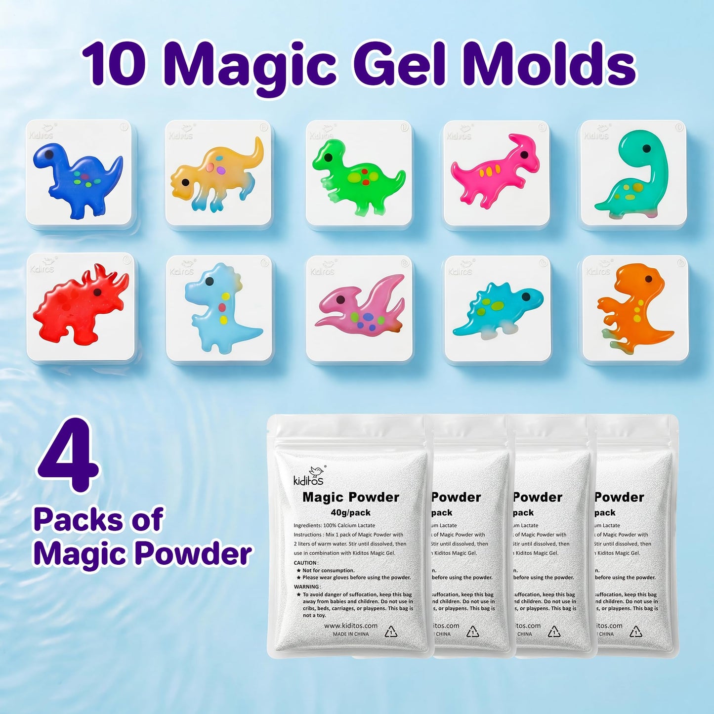 Kiditos Dinosaur Magic Water Elf Toy Kit–Squishies for Kids, 20 Gels & 10 Molds, Magic Gel Water Pets Sensory Toy, Fun DIY Craft Kit, Party Favors, Birthday for Kids Ages 3+