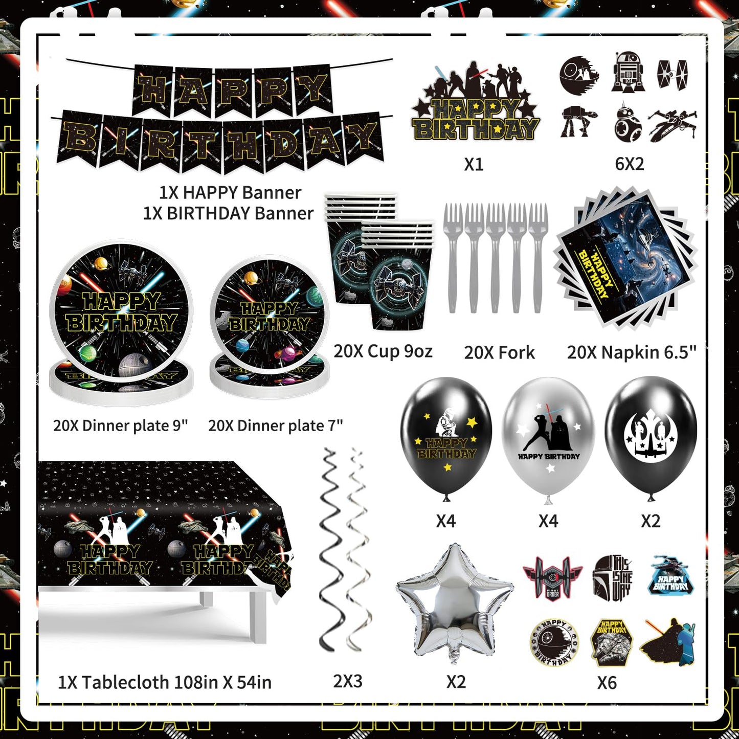 140 Galaxy Wars Birthday Party Decorations, All-in-One Party Supplies Set with Banner, Plates, Cups, Napkins, Balloons, Tablecloth, Hanging Swirls Stickers,Cake Topper,Star Theme Party Tableware Kit