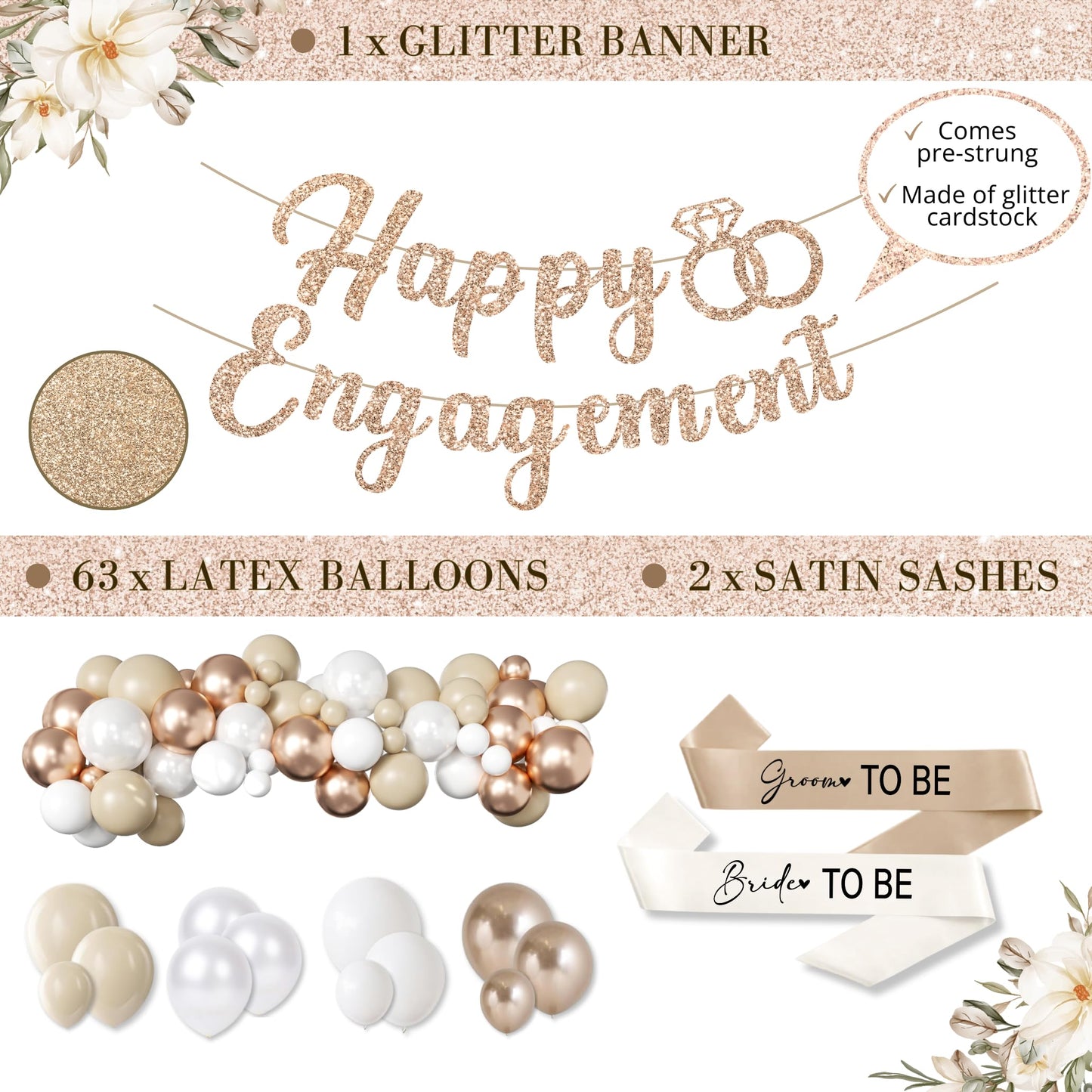 261 Pc Premium Engagement Party Decorations Kit – Elegant Mr. & Mrs. Wedding Balloons, Happy Engagement Banner, Diamond Ring White Gold Balloons, Cupcake Toppers – Classy Bride To Be Decor