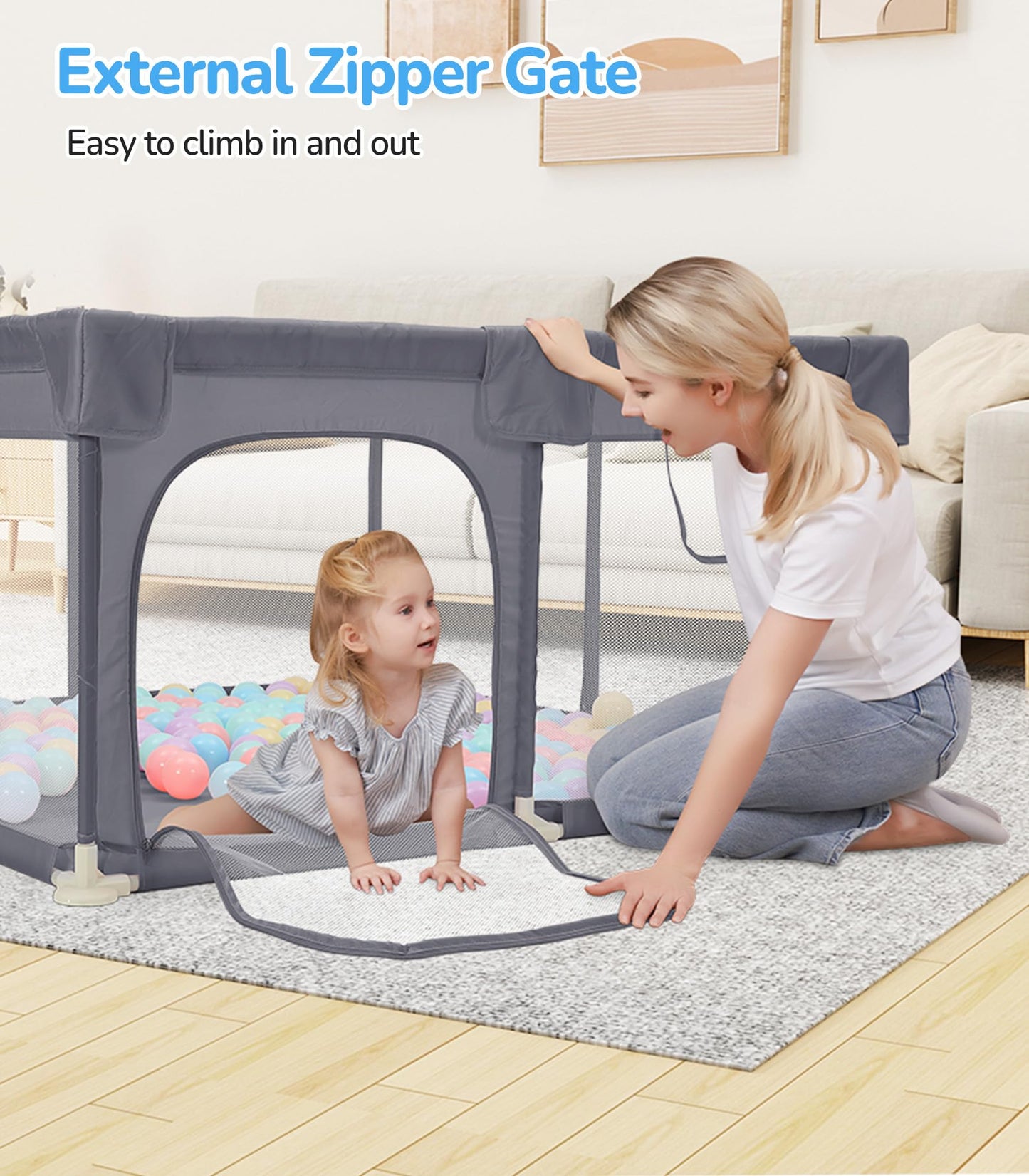 Dripex Baby Playpen, 47"x47" Play Pens for Babies and Toddlers, Safe Anti-Fall Play Yard with Gates, Baby Fence with Breathable Mesh, Indoor & Outdoor Kids Activity Center, Grey