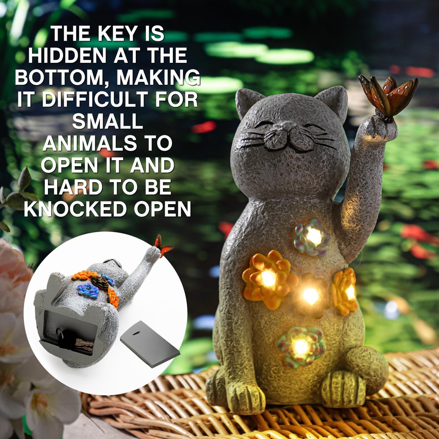 Riakrum Hide a Key Outside Cat Figurine Key Hiders Outside Garden Cat Statues Resin with Solar Light Decorations for Yard Outdoor, Housewarming Birthday Gift for Women