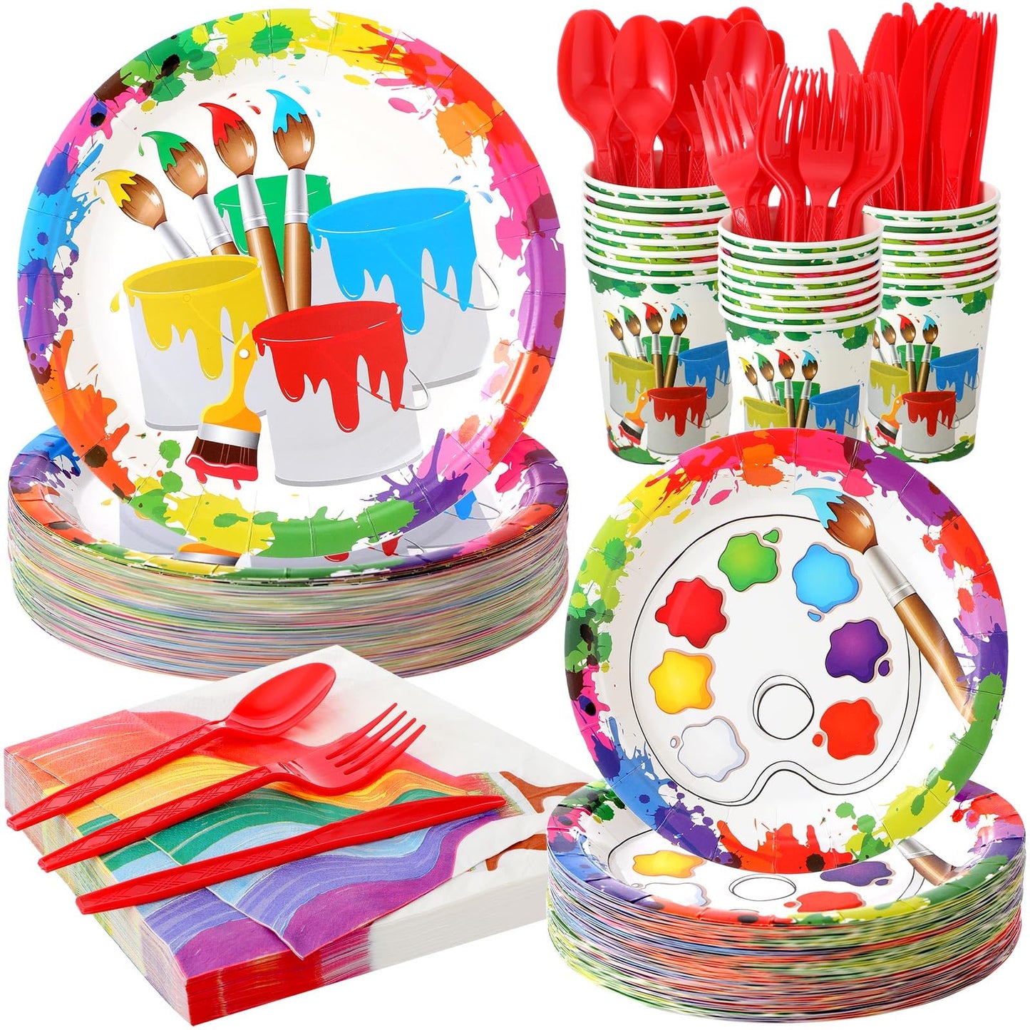 Uiifan 350 Pcs Art Party Decorations Artist Paint Party Supplies Serves 50 Guests Art Themed Birthday Party Supplies Disposable Plates Cups Napkins Knife Fork and Spoon Party Tableware for Birthday