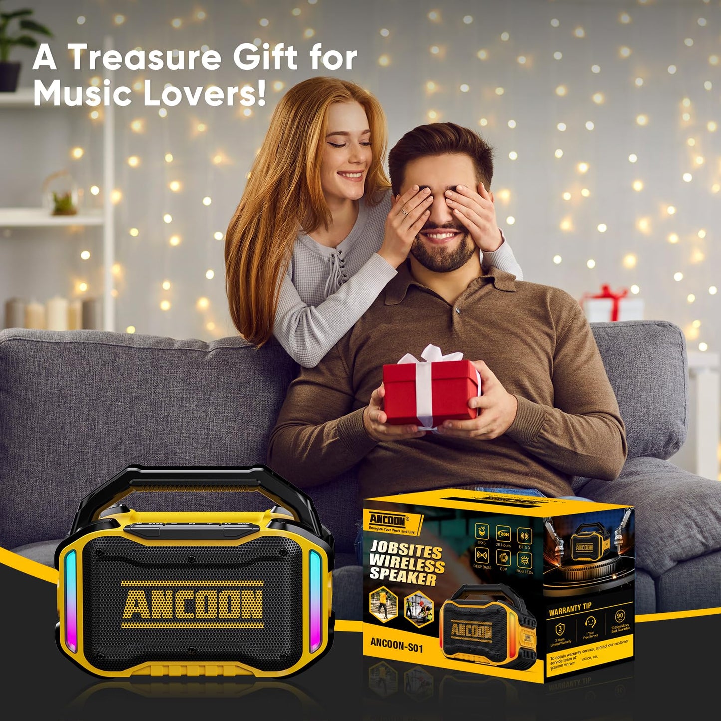 ANCOON Speakers Bluetooth Wireless: 80W(Peak) Loud Speaker with Bass, 20H Playtime, IPX6 Waterproof, Large Jobsite Speakers for Work, Outdoor, Workshop, Garage, Portable Speaker with Subwoofer&TWS