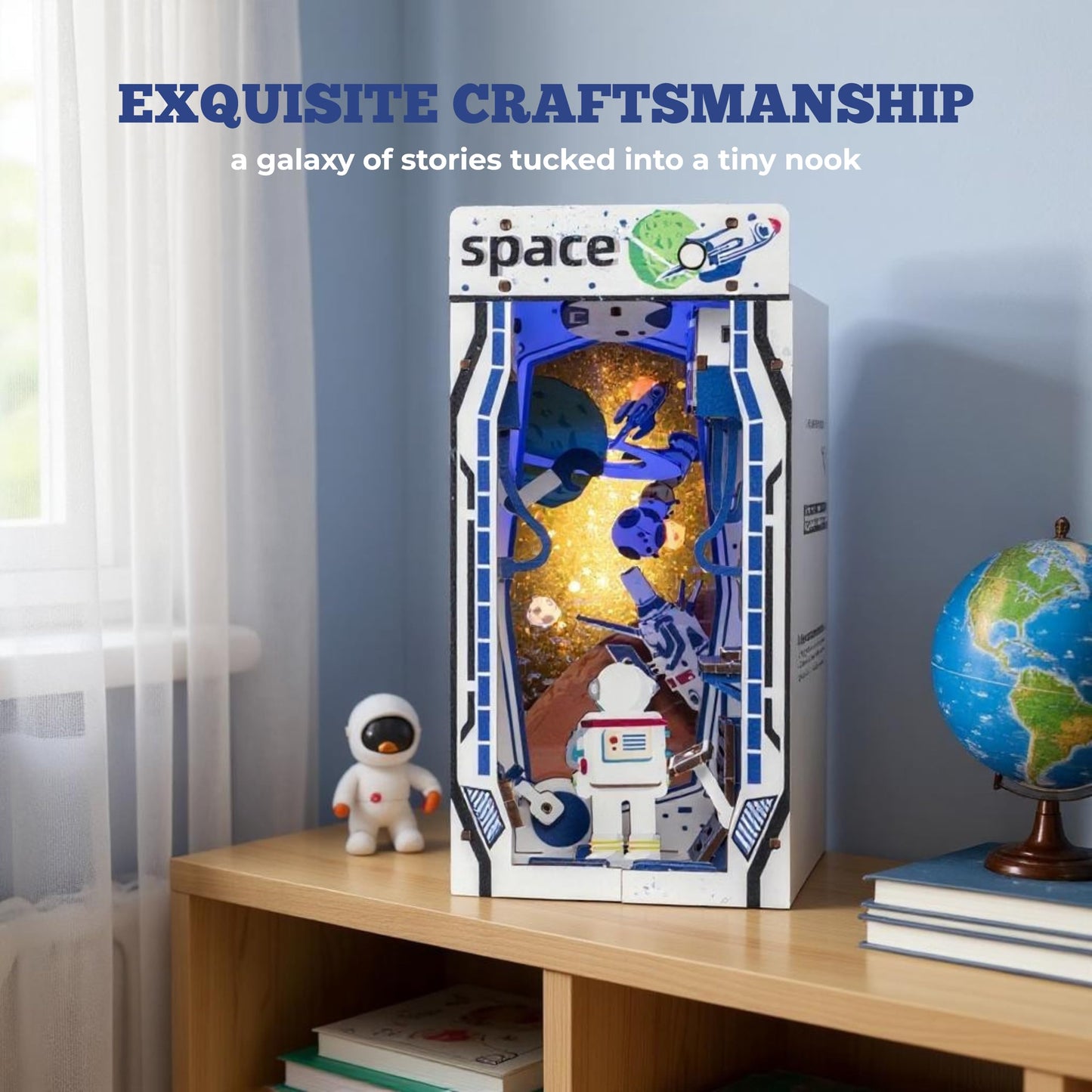PYAARI Space World Book Nook Kit, Astronaut 90-Piece DIY Miniature LED Doll House, 3D Wooden Puzzle BookNook Kit for Adults, Tiny Home Model Building Kit for Book Lovers & Beginners, Bookshelf Decor